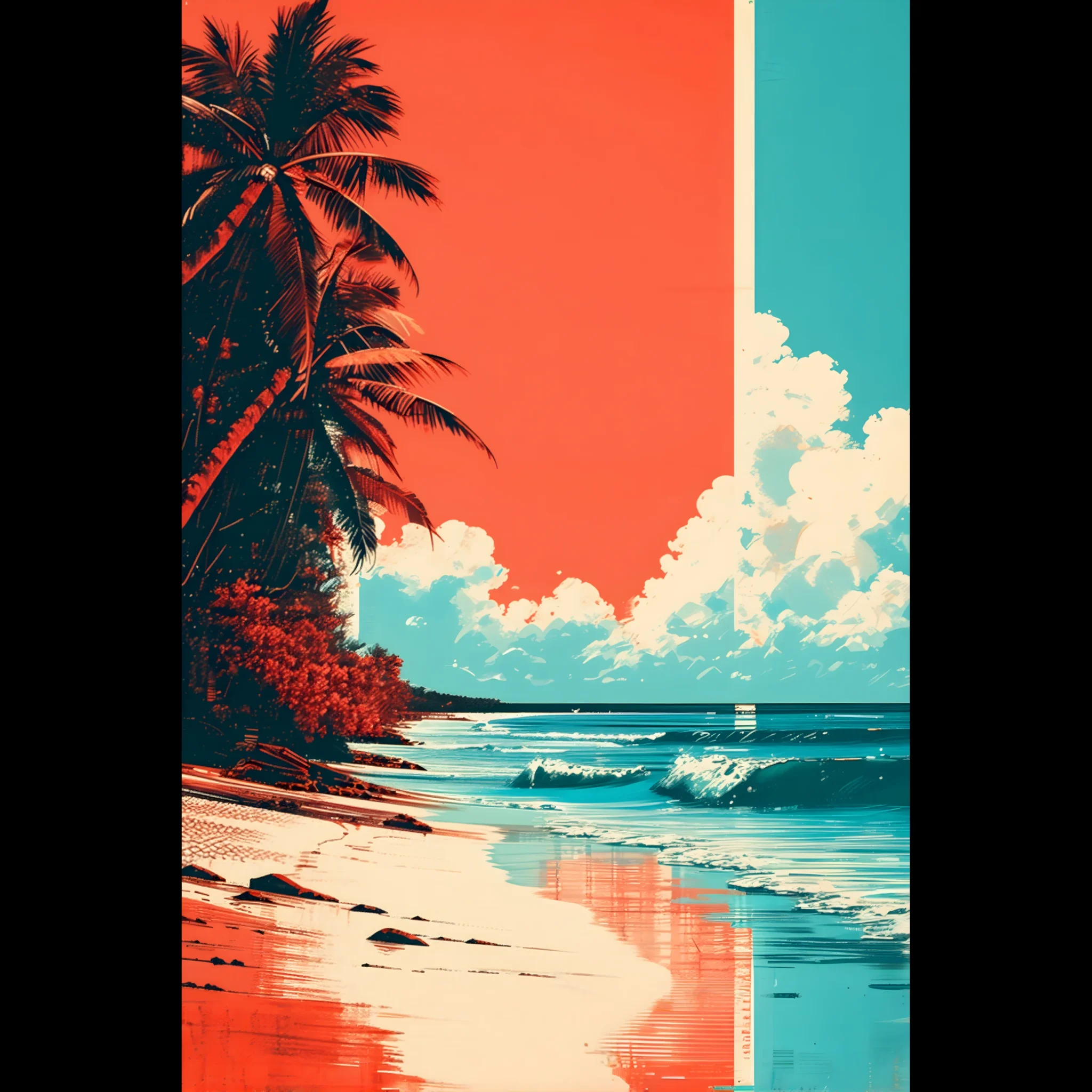 Tropical Beach Seascape wall art inspired by palm trees, coastal landscapes and open horizons. Printed and shipped within the EU.