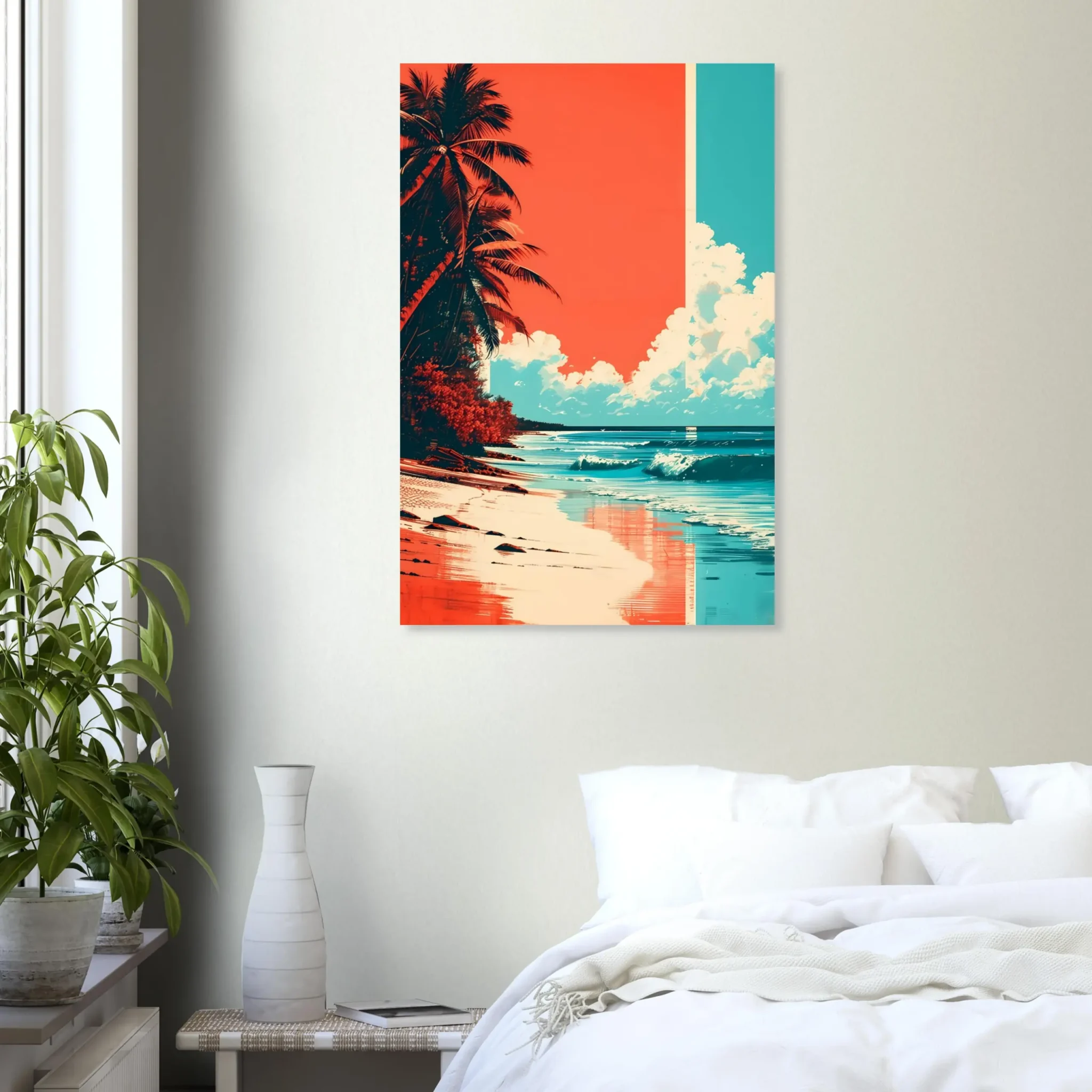 Tropical Beach Seascape wall art inspired by palm trees, coastal landscapes and open horizons. Printed and shipped within the EU.