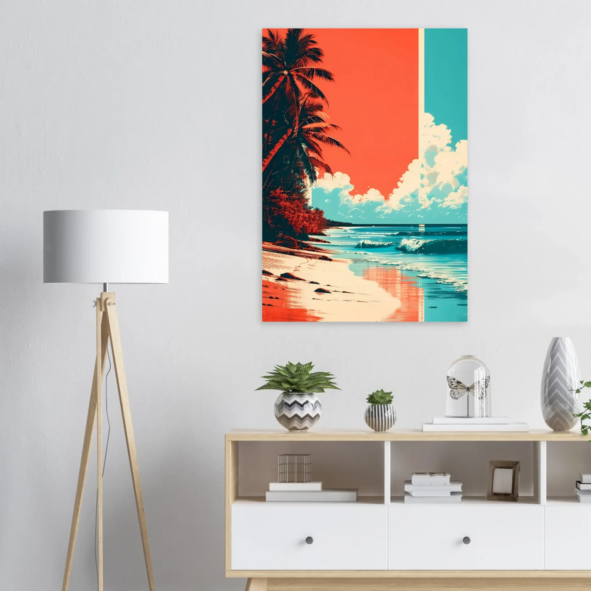 Tropical Beach Seascape wall art inspired by palm trees, coastal landscapes and open horizons. Printed and shipped within the EU.