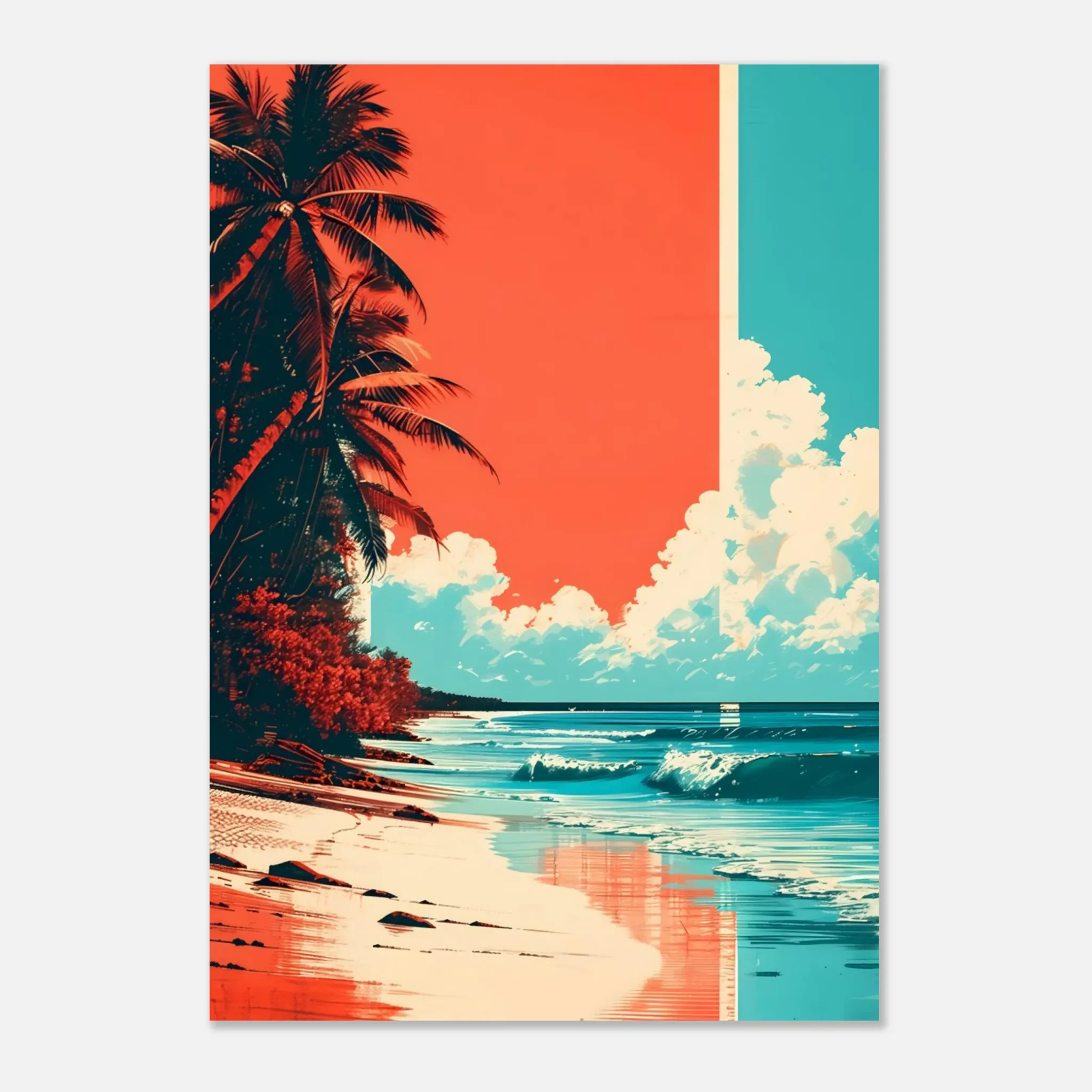 Tropical Beach Seascape wall art inspired by palm trees, coastal landscapes and open horizons. Printed and shipped within the EU.