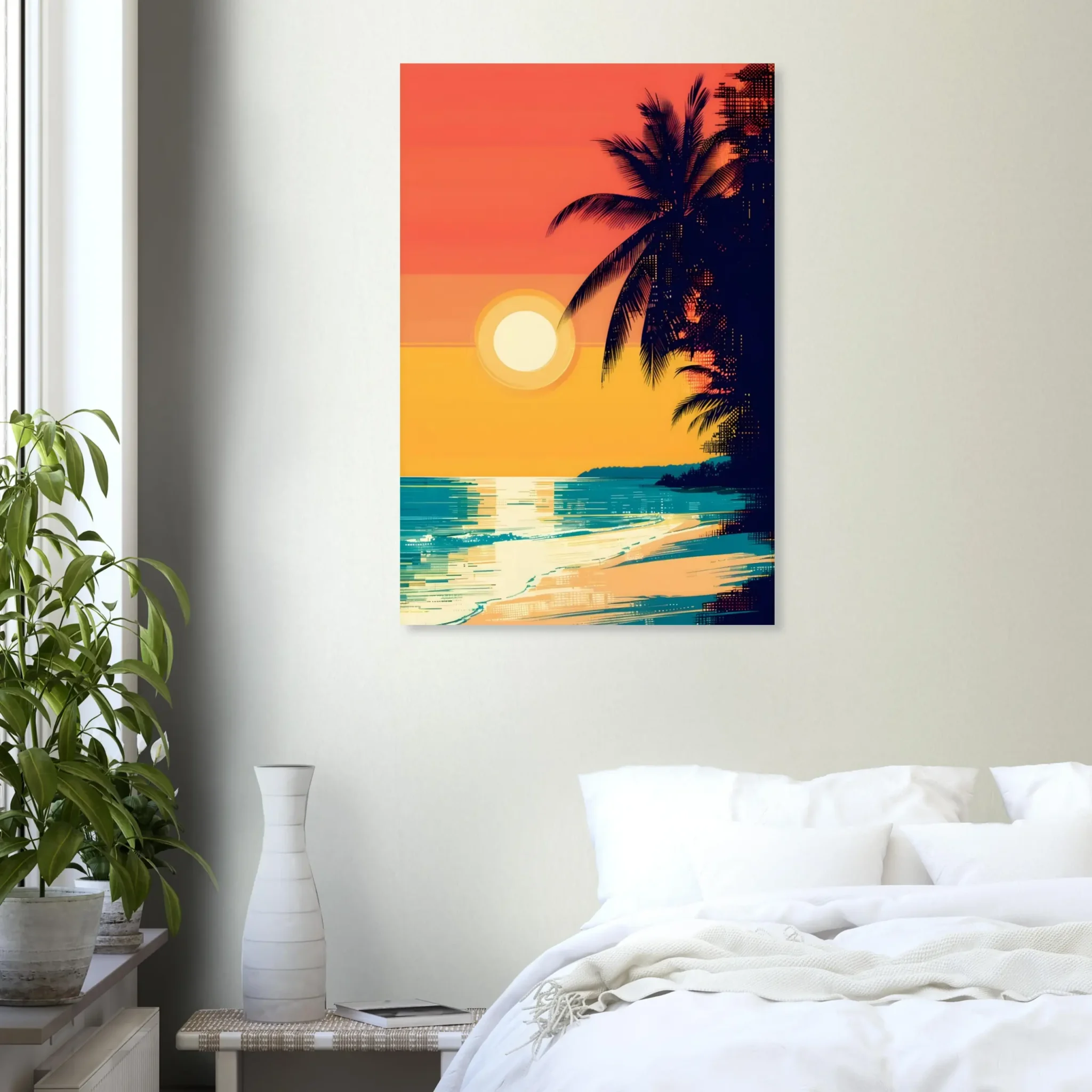 Tropical Beach Seascape wall art inspired by palm trees, coastal landscapes and open horizons. Printed and shipped within the EU.
