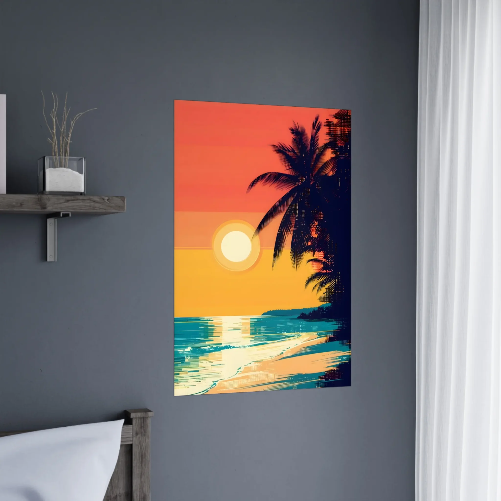 Tropical Beach Seascape wall art inspired by palm trees, coastal landscapes and open horizons. Printed and shipped within the EU.