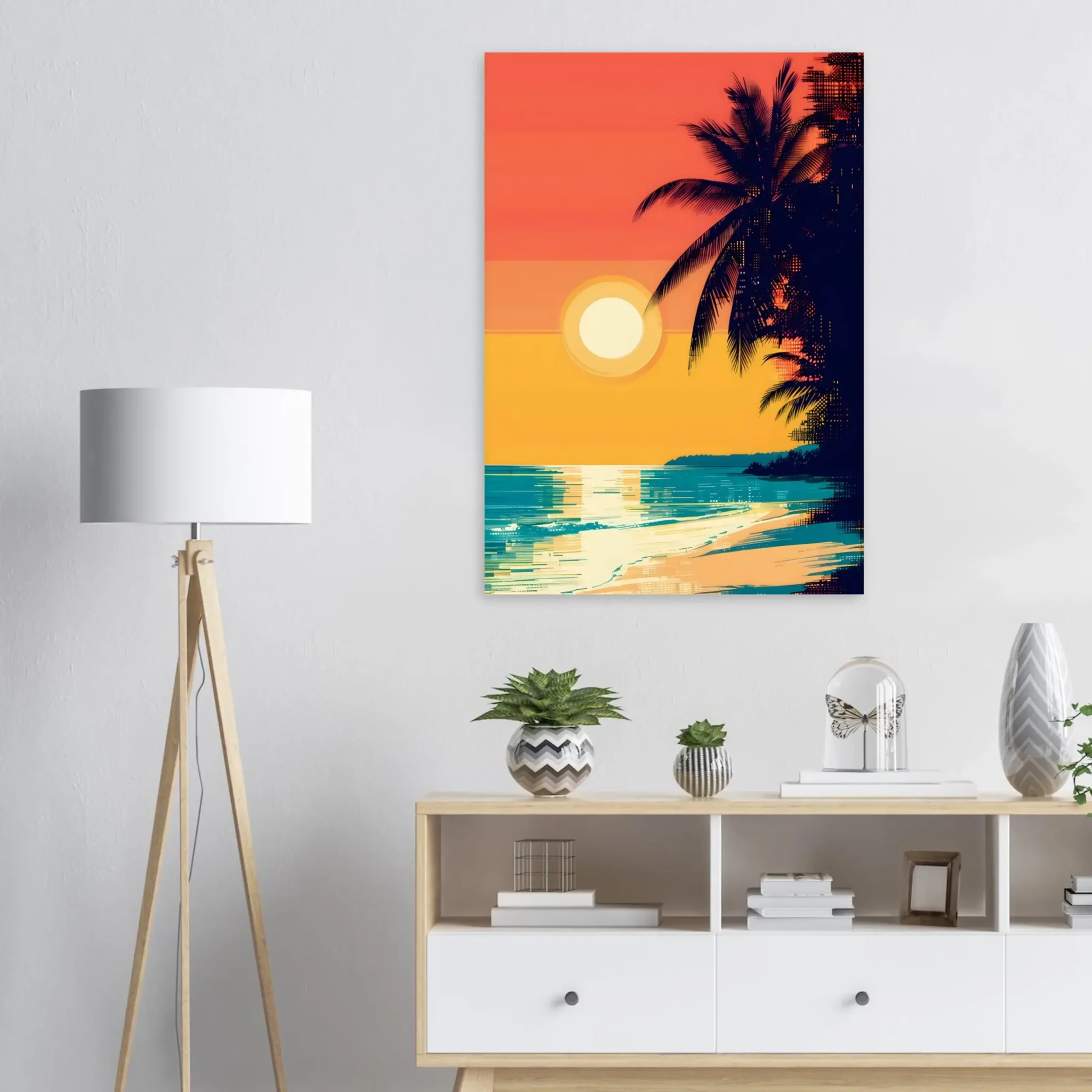 Tropical Beach Seascape wall art inspired by palm trees, coastal landscapes and open horizons. Printed and shipped within the EU.