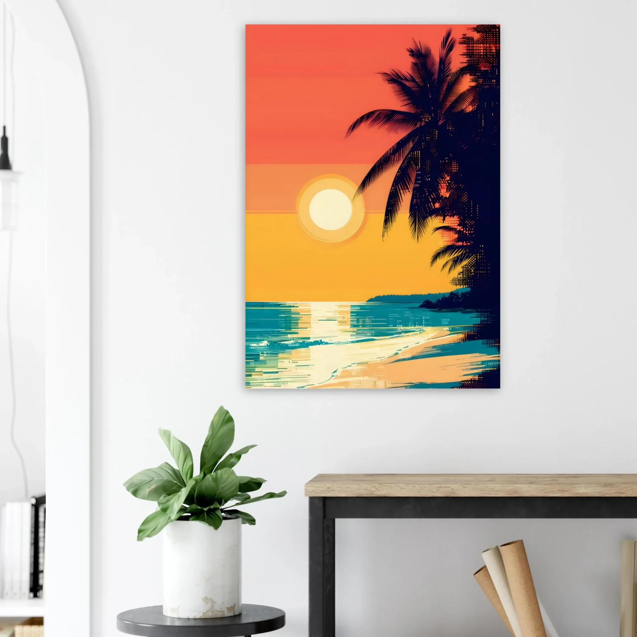 Tropical Beach Seascape wall art inspired by palm trees, coastal landscapes and open horizons. Printed and shipped within the EU.