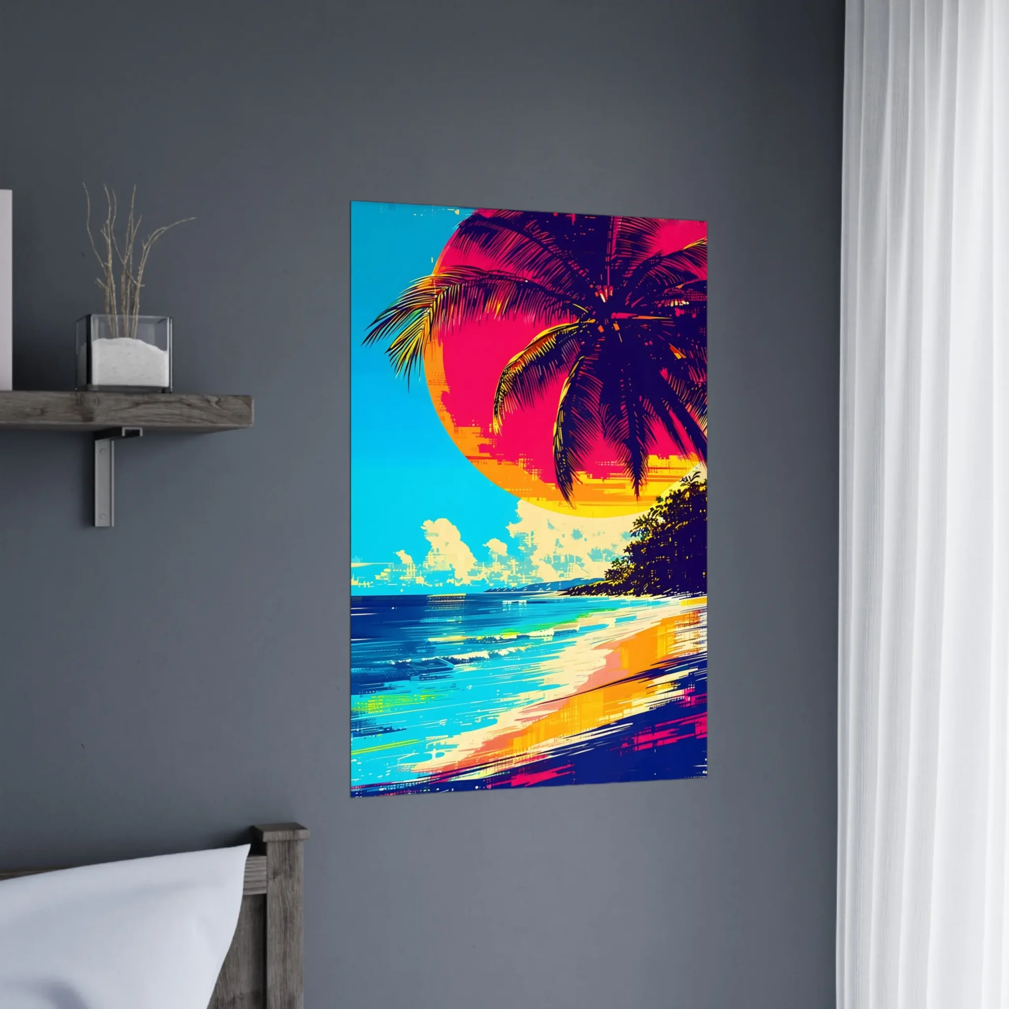 Tropical Beach Seascape wall art inspired by palm trees, coastal landscapes and open horizons. Printed and shipped within the EU.