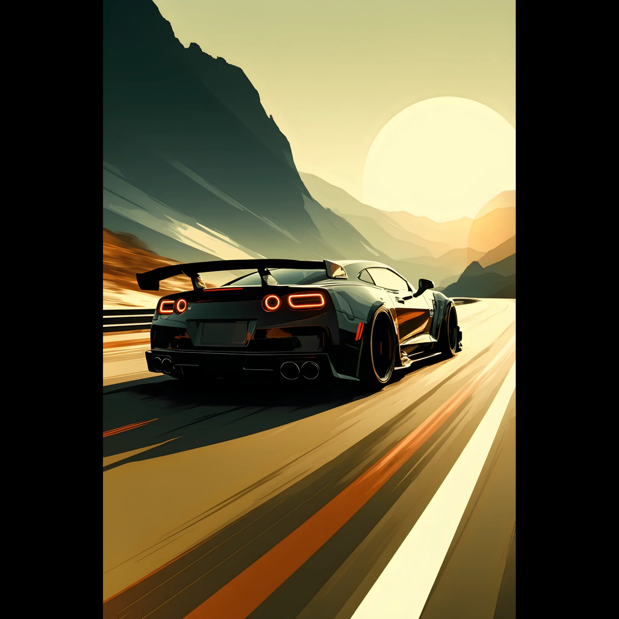 Distant Passage Car Art Sunset Landscape Poster 1 Car Art Sunset Landscape wall art that explores the visual relationship between the car, the road, and the horizon. Fine Art Print, printed in the EU.