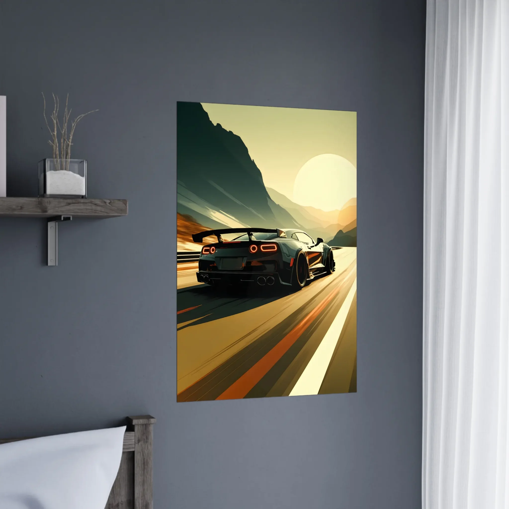 Distant Passage Car Art Sunset Landscape Poster 3 Car Art Sunset Landscape wall art that explores the visual relationship between the car, the road, and the horizon. Fine Art Print, printed in the EU.
