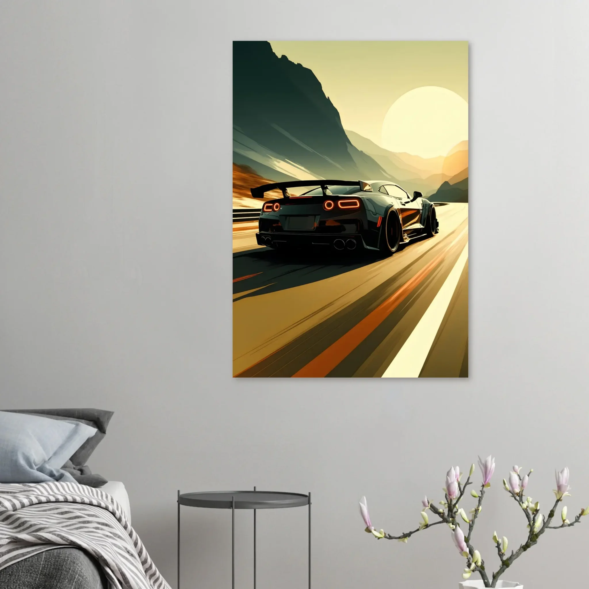 Distant Passage Car Art Sunset Landscape Poster 5 Car Art Sunset Landscape wall art that explores the visual relationship between the car, the road, and the horizon. Fine Art Print, printed in the EU.