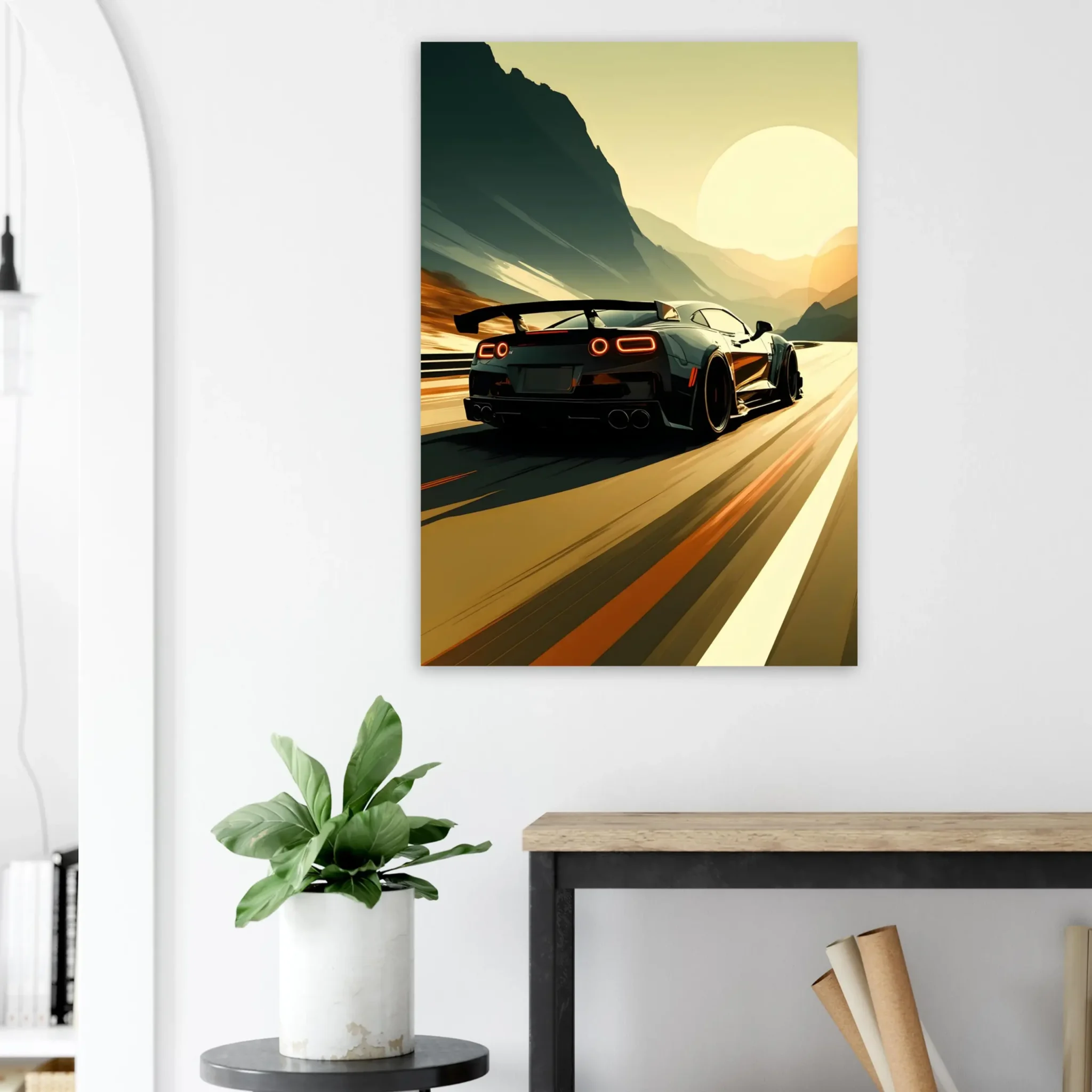 Distant Passage Car Art Sunset Landscape Poster 7 Car Art Sunset Landscape wall art that explores the visual relationship between the car, the road, and the horizon. Fine Art Print, printed in the EU.