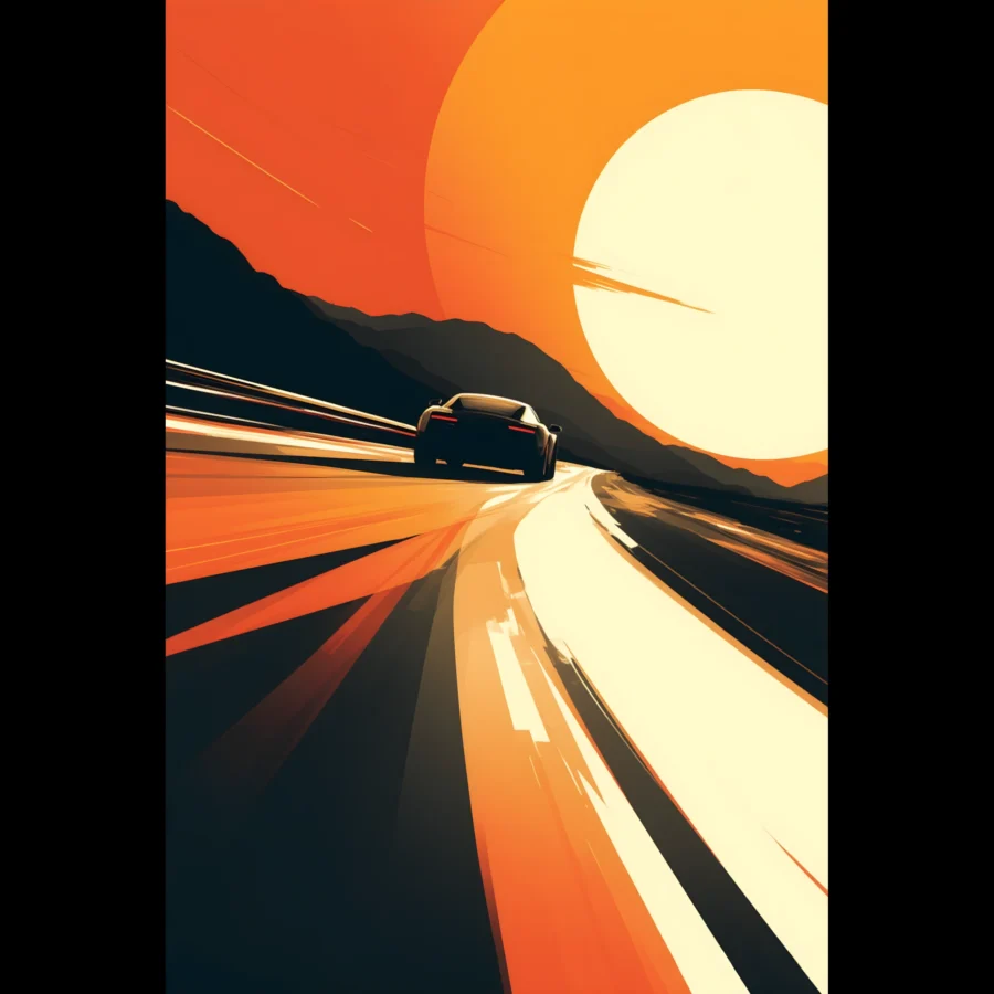 Car Art Sunset Landscape wall art that explores the visual relationship between the car, the road, and the horizon. Fine Art Print, printed in the EU.