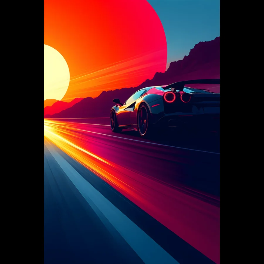 Car Art Sunset Landscape wall art that explores the visual relationship between the car, the road, and the horizon. Fine Art Print, printed in the EU.
