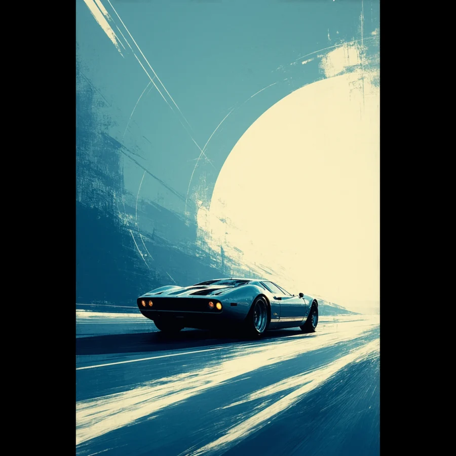 Car Art Sunset Landscape wall art that explores the visual relationship between the car, the road, and the horizon. Fine Art Print, printed in the EU.