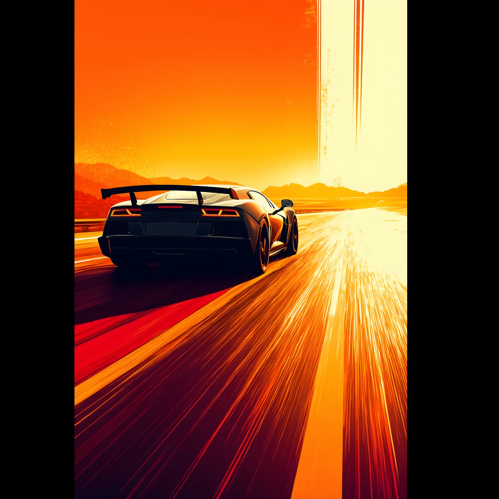 Radiant Course Car Art Sunset Landscape Poster 1 Car Art Sunset Landscape wall art that explores the visual relationship between the car, the road, and the horizon. Fine Art Print, printed in the EU.