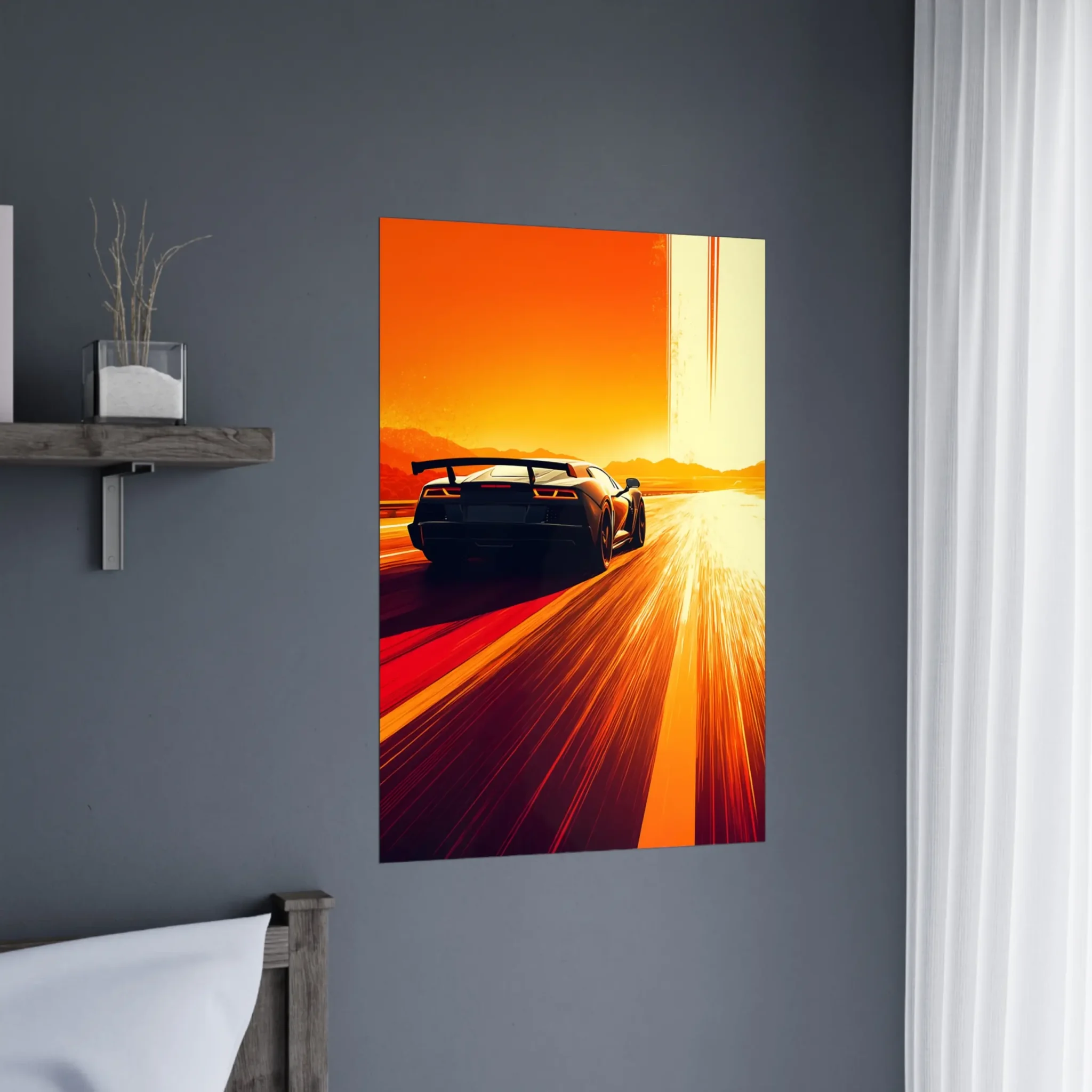 Radiant Course Car Art Sunset Landscape Poster 3 Car Art Sunset Landscape wall art that explores the visual relationship between the car, the road, and the horizon. Fine Art Print, printed in the EU.