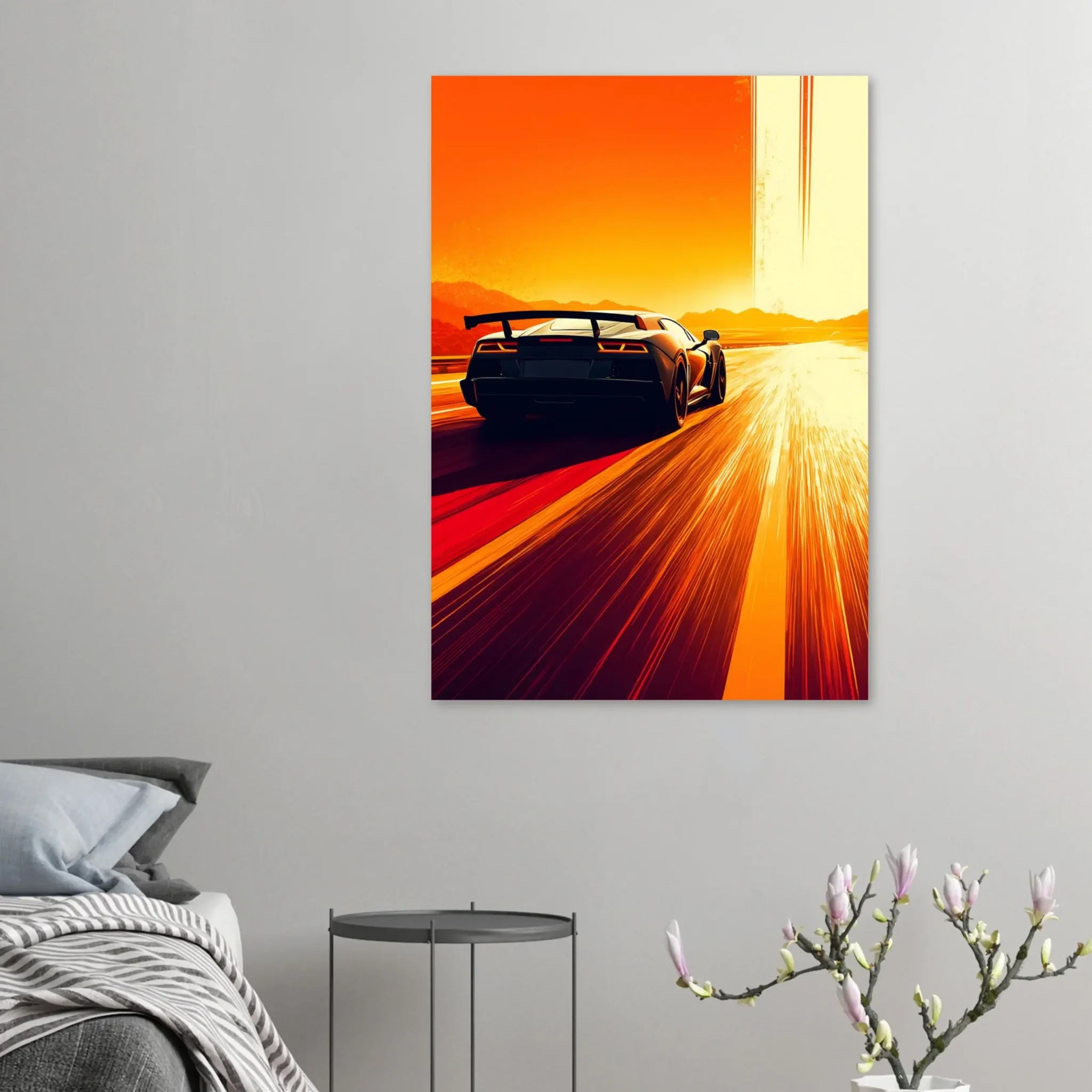 Radiant Course Car Art Sunset Landscape Poster 5 Car Art Sunset Landscape wall art that explores the visual relationship between the car, the road, and the horizon. Fine Art Print, printed in the EU.