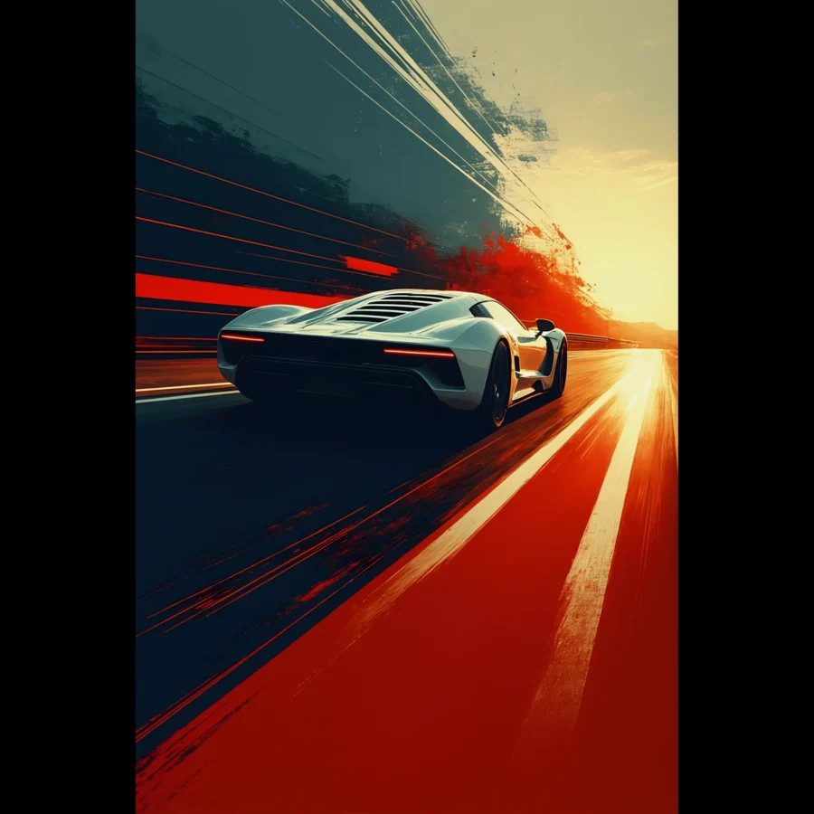Car Art Sunset Landscape wall art that explores the visual relationship between the car, the road, and the horizon. Fine Art Print, printed in the EU.