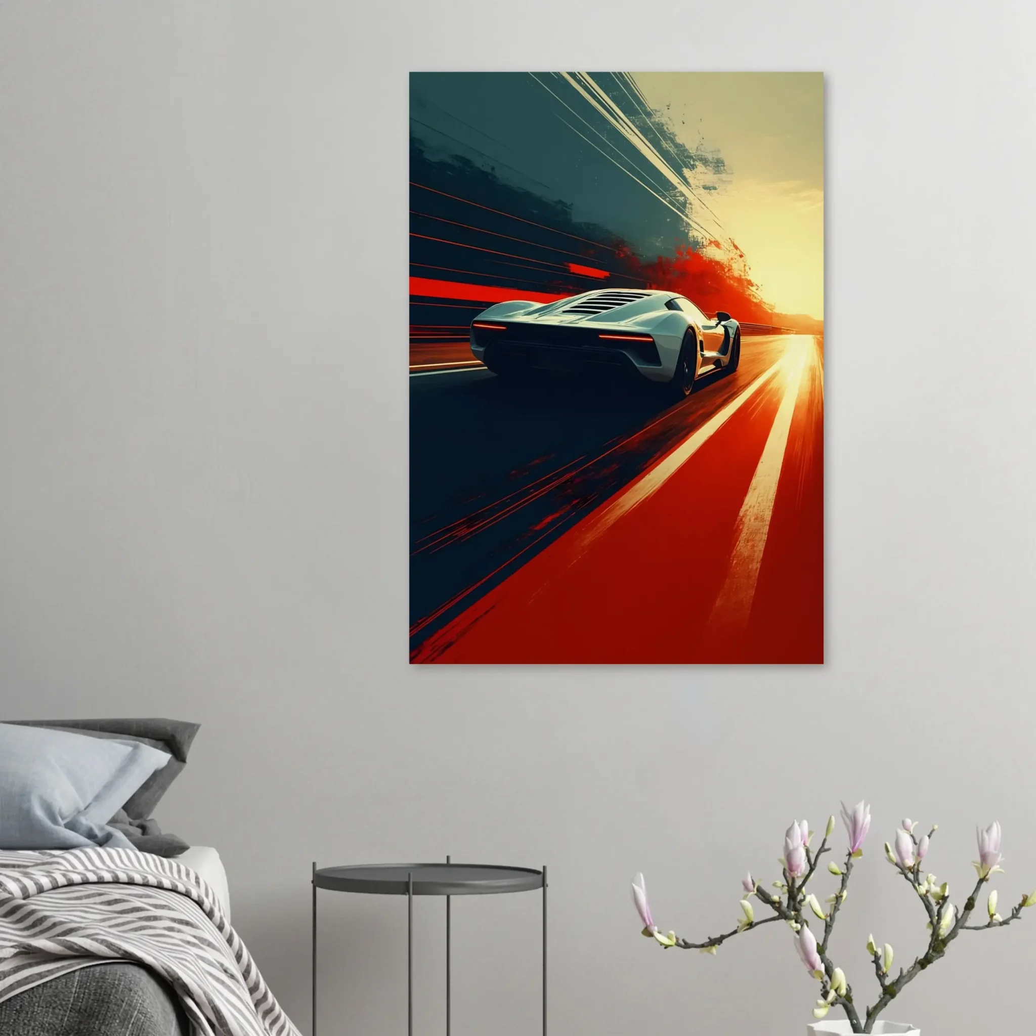 Red Vector Car Art Sunset Landscape Poster V2 - 5 Car Art Sunset Landscape wall art that explores the visual relationship between the car, the road, and the horizon. Fine Art Print, printed in the EU.
