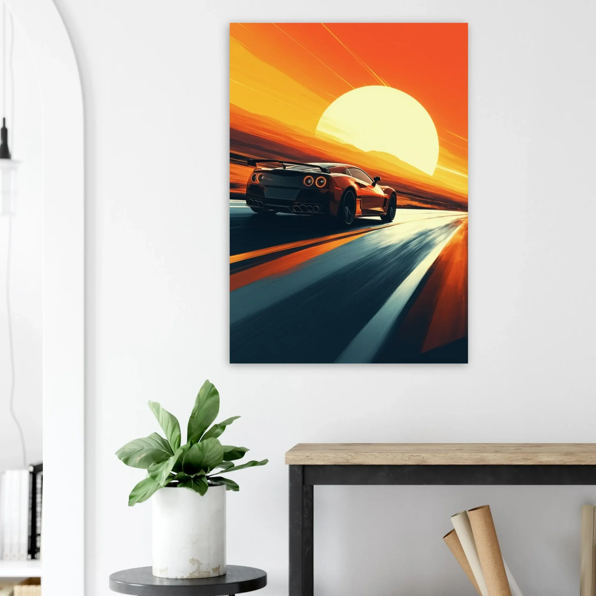 Car Art Sunset Landscape wall art that explores the visual relationship between the car, the road, and the horizon. Fine Art Print, printed in the EU.