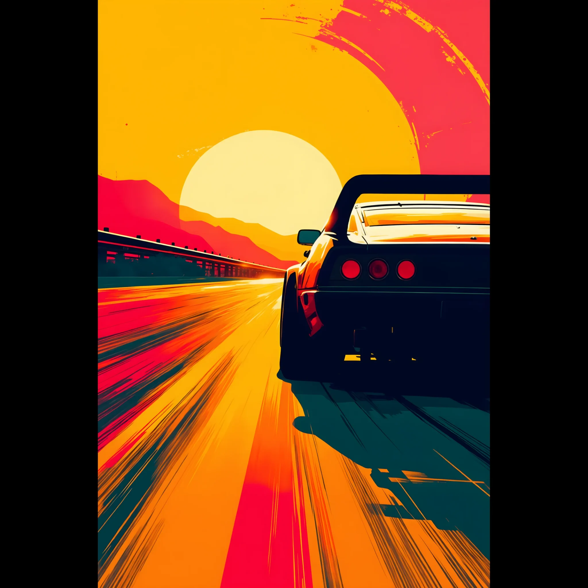 Sunward Drive Car Art Sunset Landscape Poster 1 Car Art Sunset Landscape wall art that explores the visual relationship between the car, the road, and the horizon. Fine Art Print, printed in the EU.