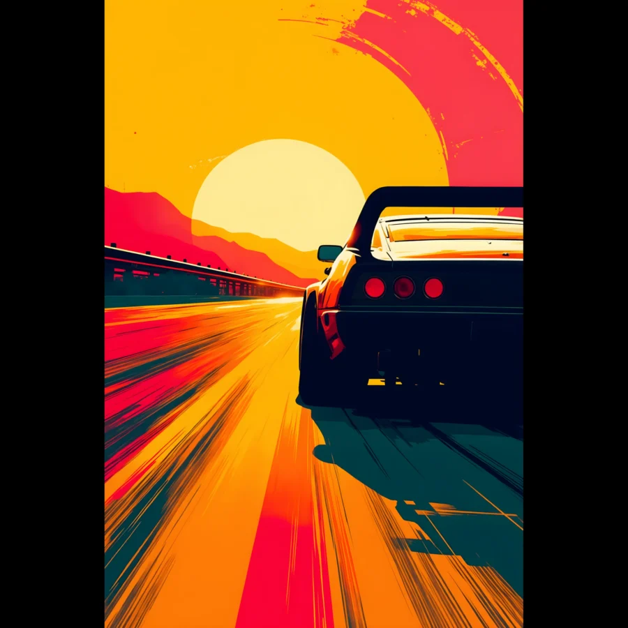 Car Art Sunset Landscape wall art that explores the visual relationship between the car, the road, and the horizon. Fine Art Print, printed in the EU.
