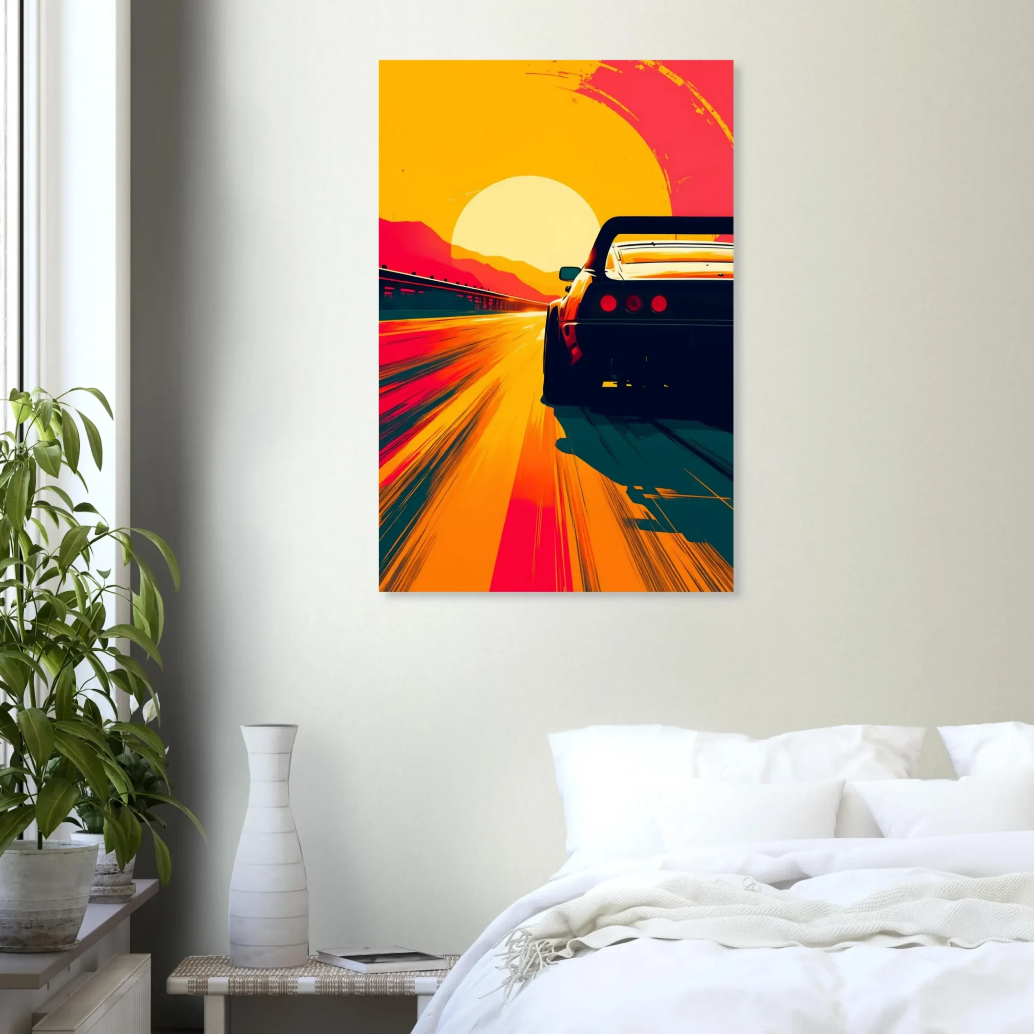 Sunward Drive Car Art Sunset Landscape Poster 2 Car Art Sunset Landscape wall art that explores the visual relationship between the car, the road, and the horizon. Fine Art Print, printed in the EU.