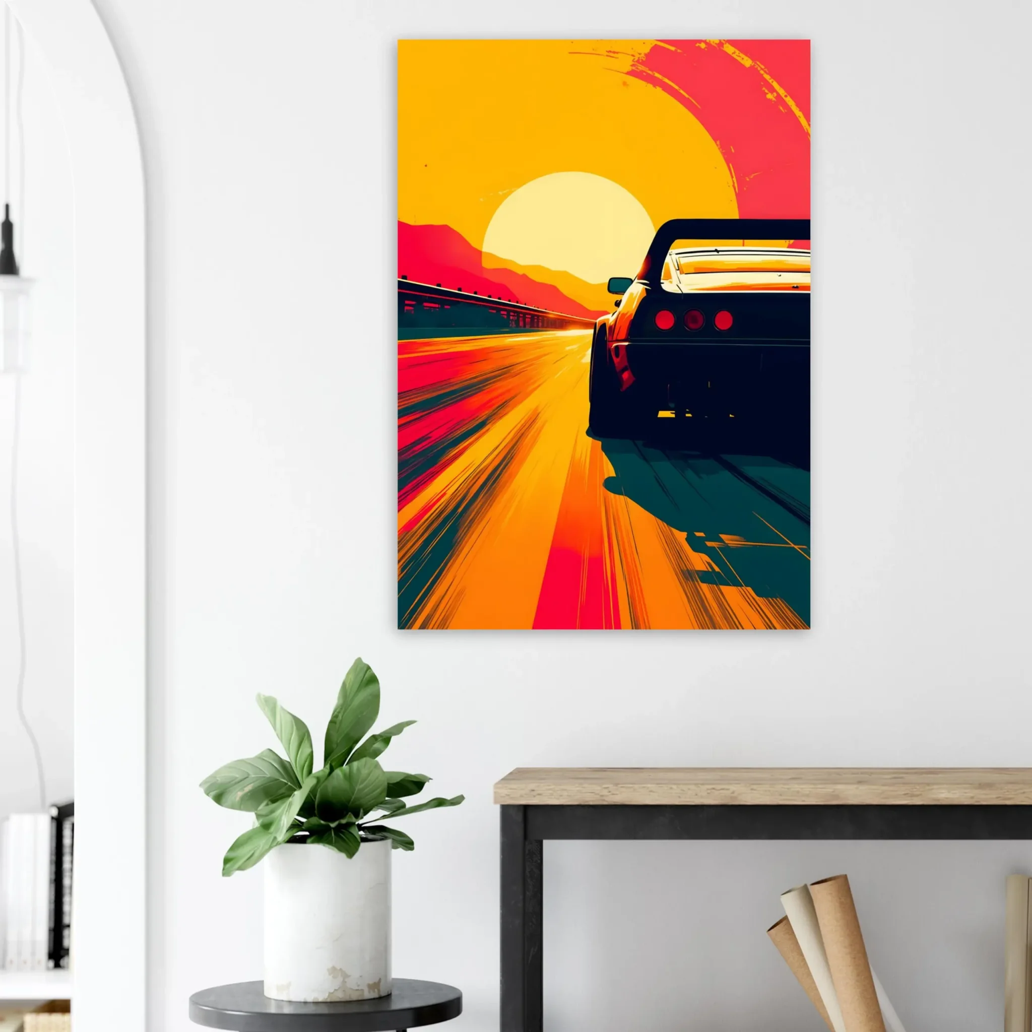 Sunward Drive Car Art Sunset Landscape Poster 3 Car Art Sunset Landscape wall art that explores the visual relationship between the car, the road, and the horizon. Fine Art Print, printed in the EU.
