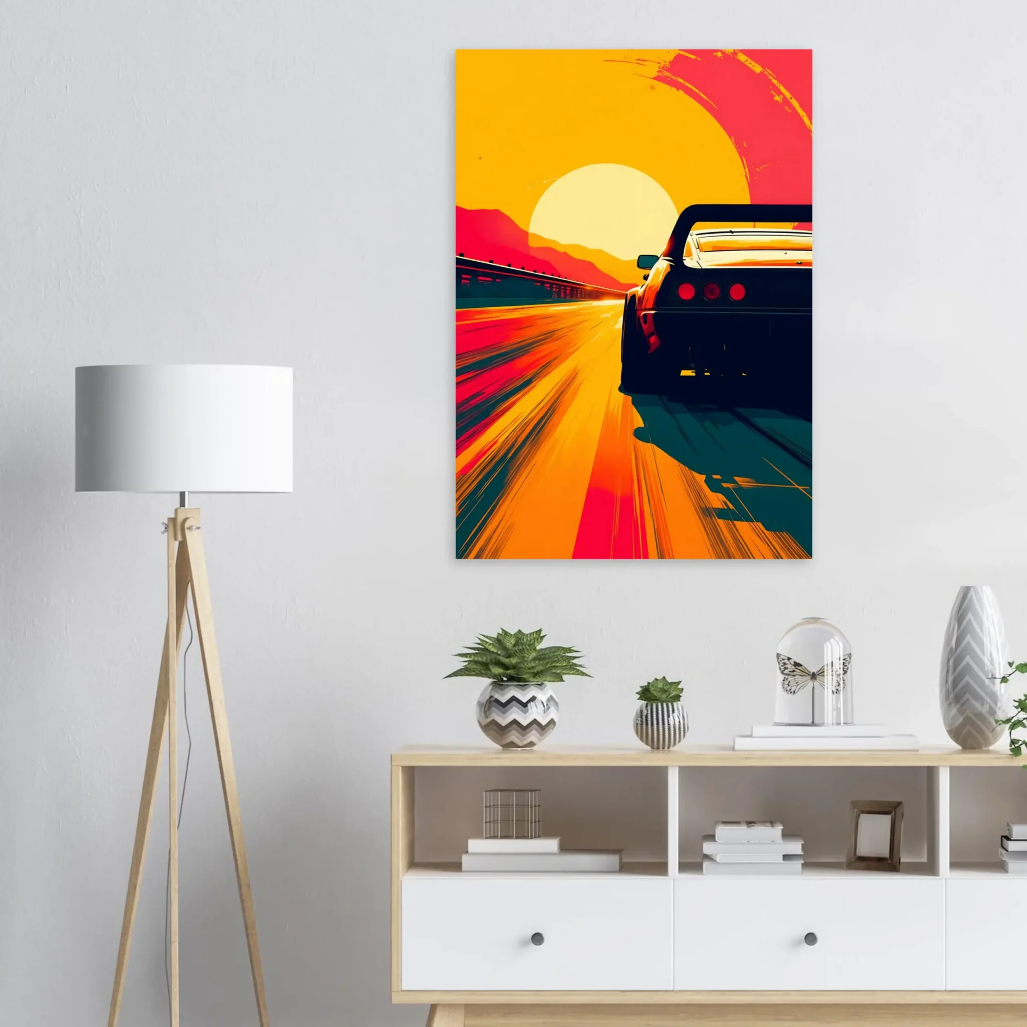 Sunward Drive Car Art Sunset Landscape Poster 4 Car Art Sunset Landscape wall art that explores the visual relationship between the car, the road, and the horizon. Fine Art Print, printed in the EU.