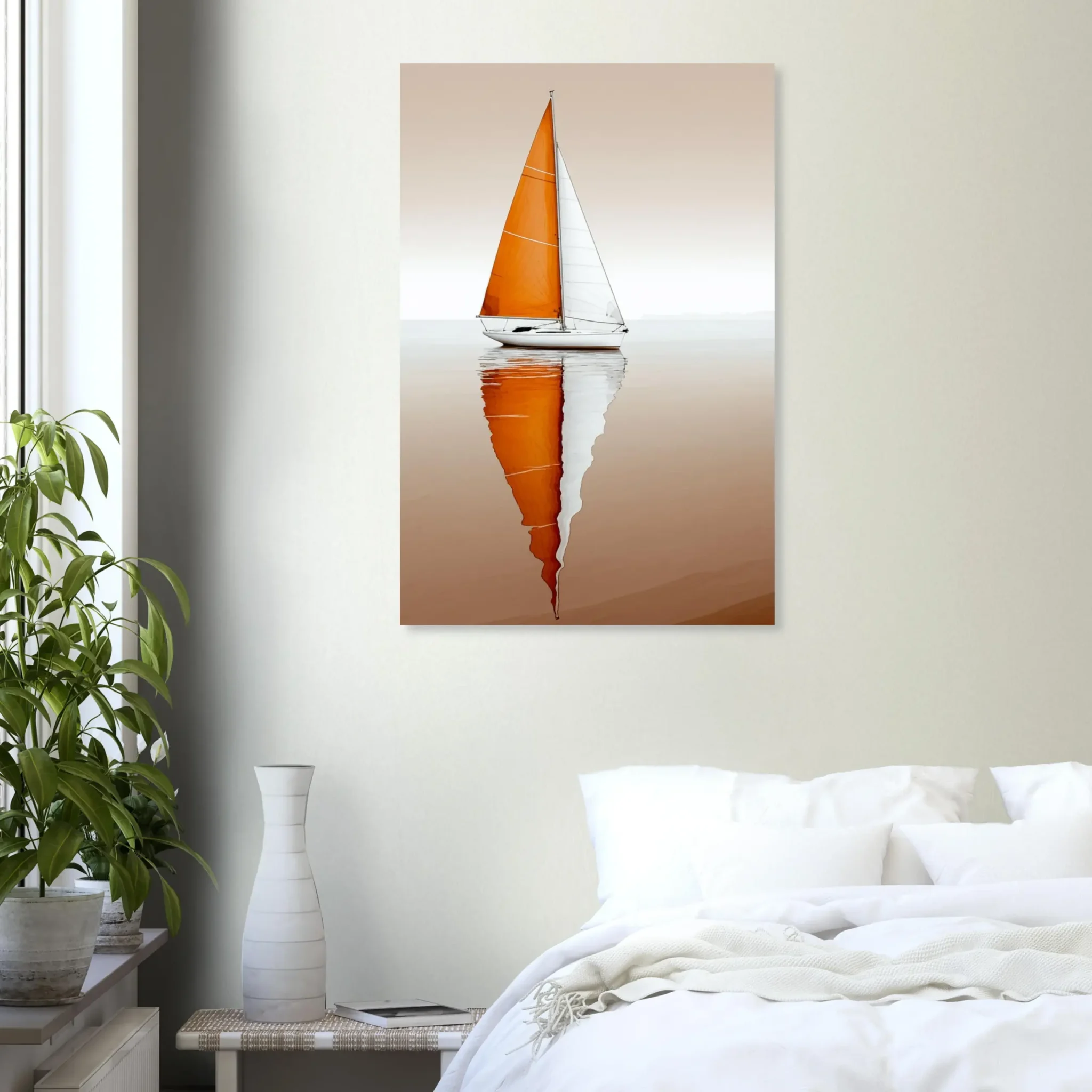 Amber Still Minimalist Sailboat Seascape Art Print 2 Minimalist sailboat seascape wall art featuring a solitary vessel, reflective water, and an open horizon. Fine art print from the ColorVanta EU Store.