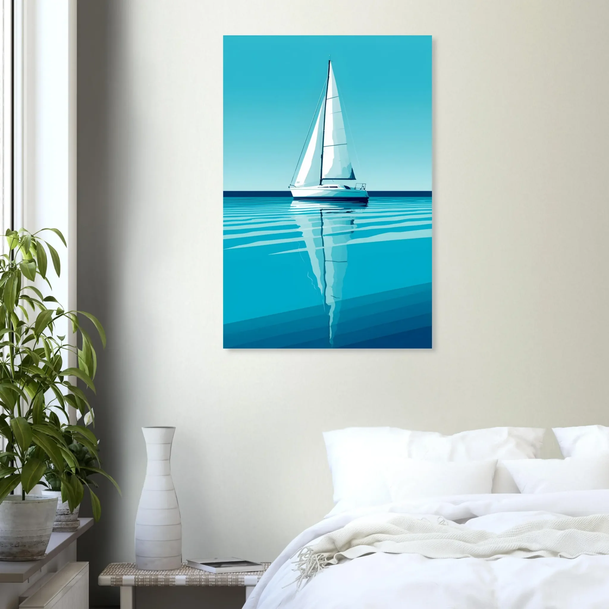 Minimalist sailboat seascape wall art featuring a solitary vessel, reflective water, and an open horizon. Fine art print from the ColorVanta EU Store.