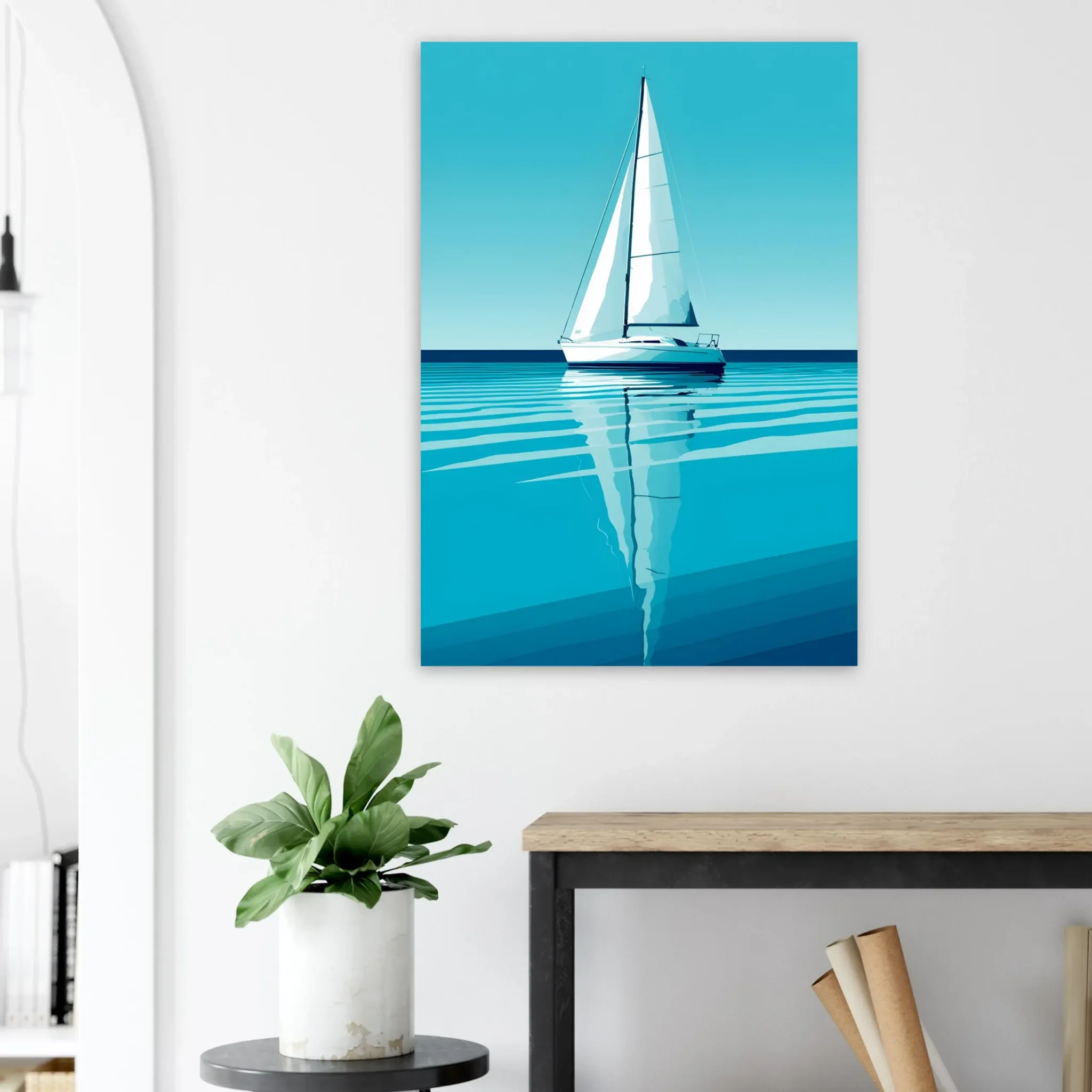 Minimalist sailboat seascape wall art featuring a solitary vessel, reflective water, and an open horizon. Fine art print from the ColorVanta EU Store.
