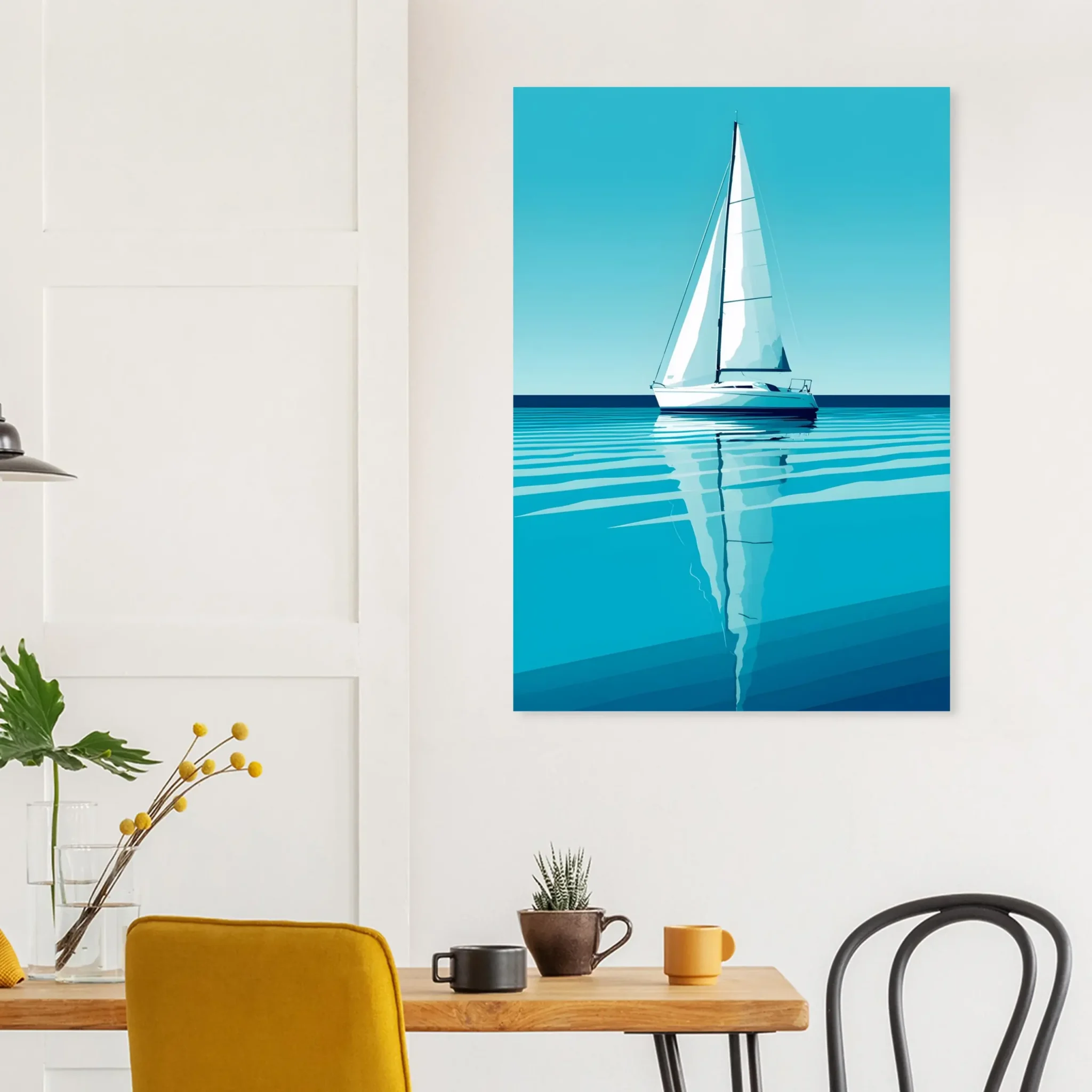 Minimalist sailboat seascape wall art featuring a solitary vessel, reflective water, and an open horizon. Fine art print from the ColorVanta EU Store.