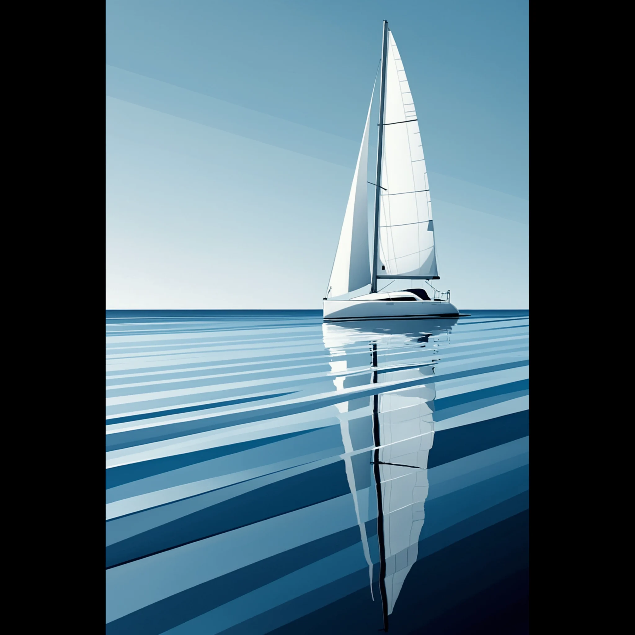 Minimalist sailboat seascape wall art featuring a solitary vessel, reflective water, and an open horizon. Fine art print from the ColorVanta EU Store.