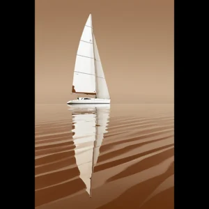 Minimalist sailboat seascape wall art featuring a solitary vessel, reflective water, and an open horizon. Fine art print from the ColorVanta EU Store.