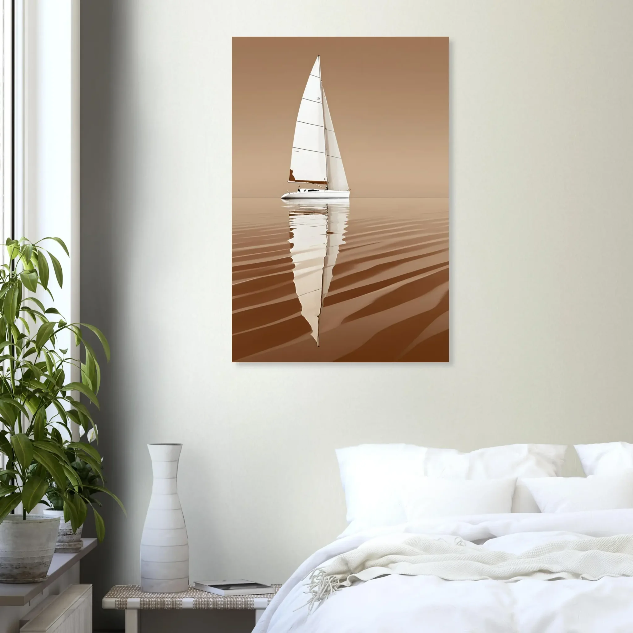 Minimalist sailboat seascape wall art featuring a solitary vessel, reflective water, and an open horizon. Fine art print from the ColorVanta EU Store.