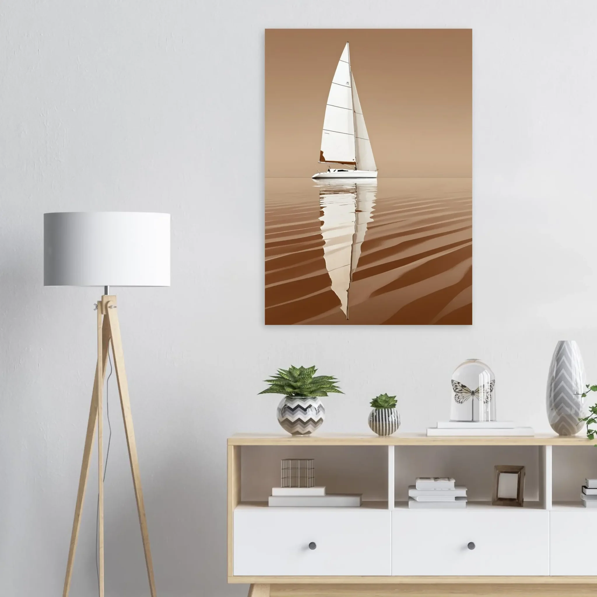 Minimalist sailboat seascape wall art featuring a solitary vessel, reflective water, and an open horizon. Fine art print from the ColorVanta EU Store.