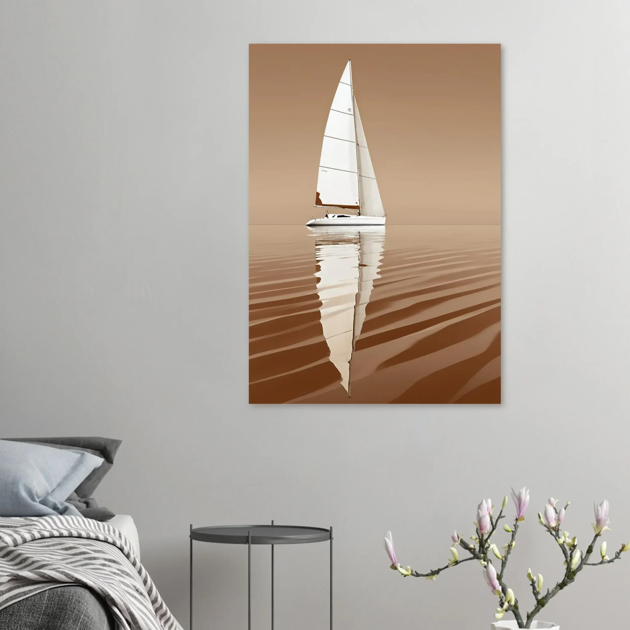 Minimalist sailboat seascape wall art featuring a solitary vessel, reflective water, and an open horizon. Fine art print from the ColorVanta EU Store.