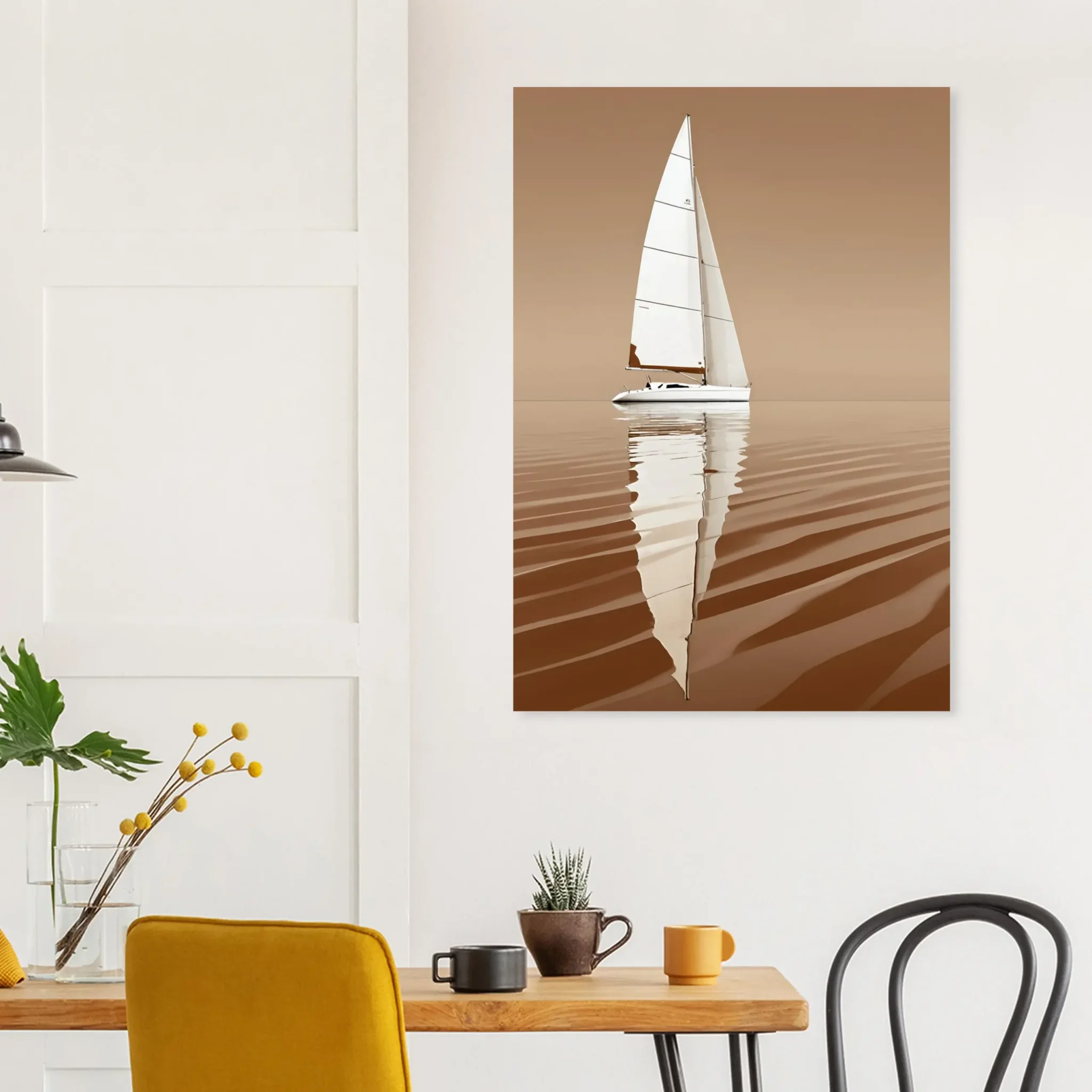 Minimalist sailboat seascape wall art featuring a solitary vessel, reflective water, and an open horizon. Fine art print from the ColorVanta EU Store.