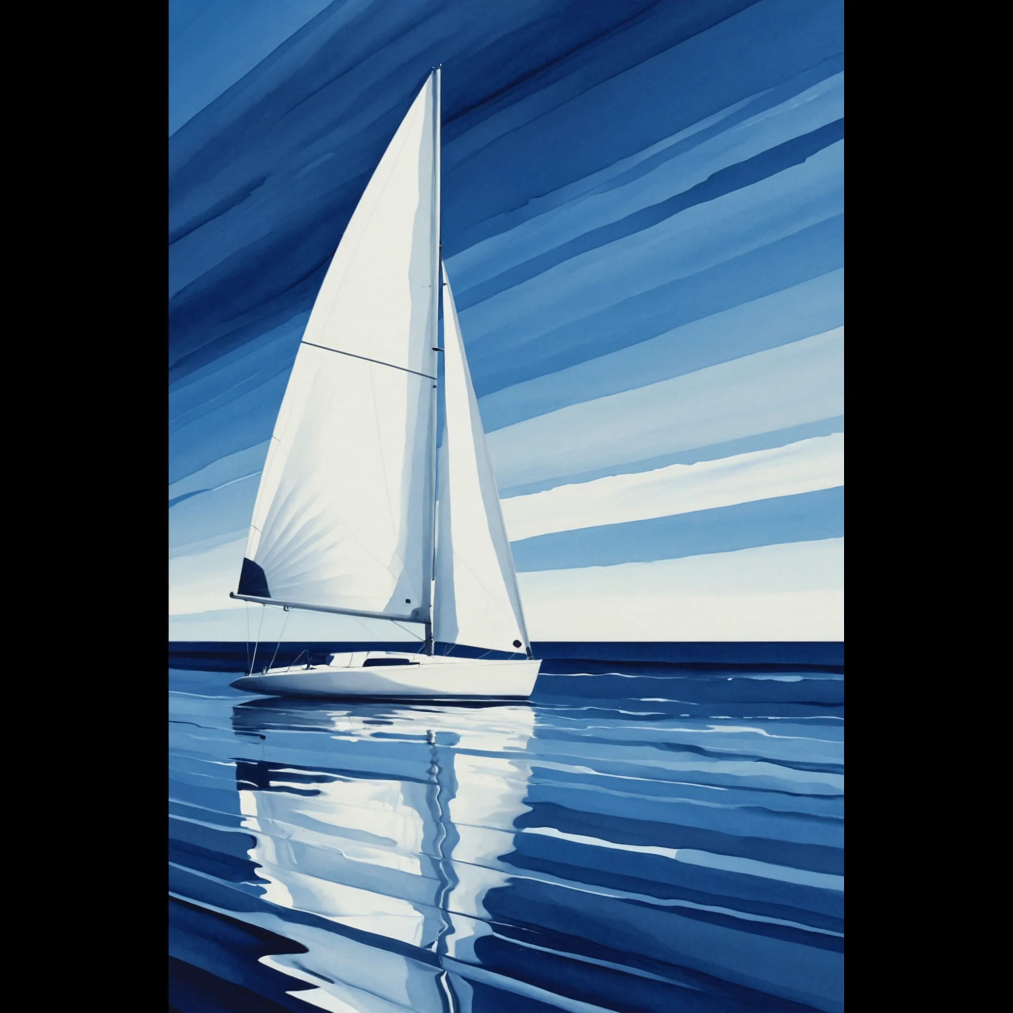 Minimalist sailboat seascape wall art featuring a solitary vessel, reflective water, and an open horizon. Fine art print from the ColorVanta EU Store.