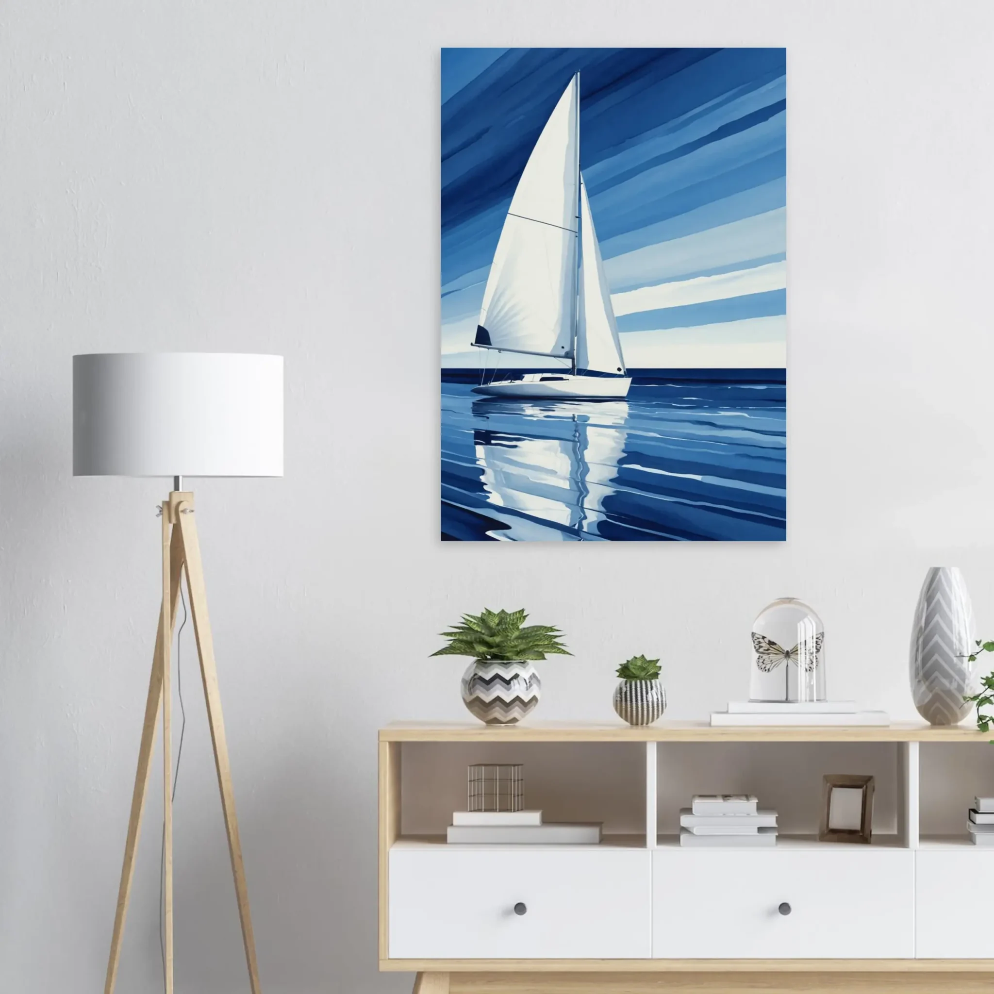 Minimalist sailboat seascape wall art featuring a solitary vessel, reflective water, and an open horizon. Fine art print from the ColorVanta EU Store.