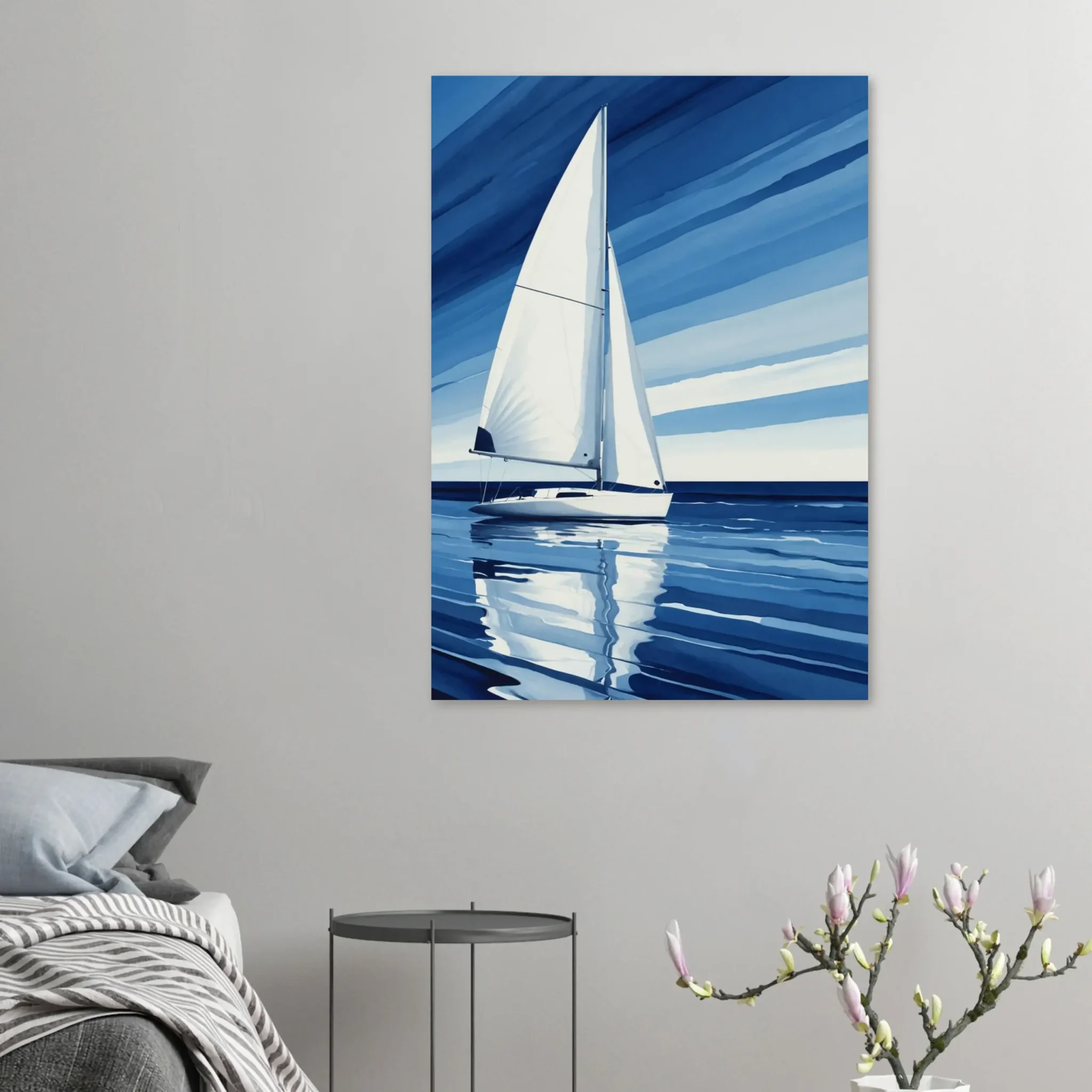 Minimalist sailboat seascape wall art featuring a solitary vessel, reflective water, and an open horizon. Fine art print from the ColorVanta EU Store.
