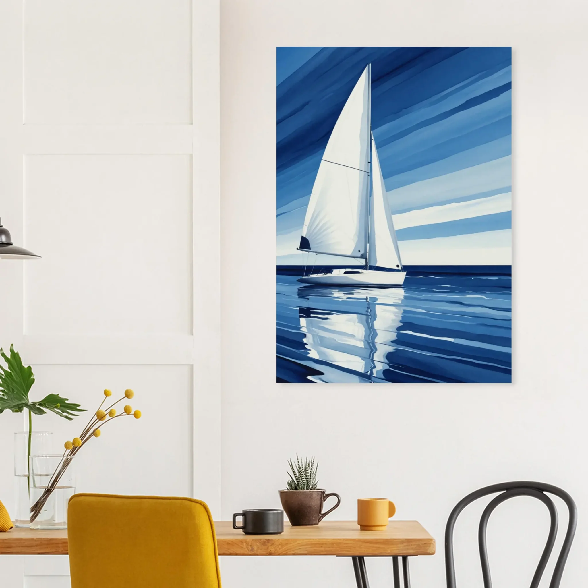 Minimalist sailboat seascape wall art featuring a solitary vessel, reflective water, and an open horizon. Fine art print from the ColorVanta EU Store.