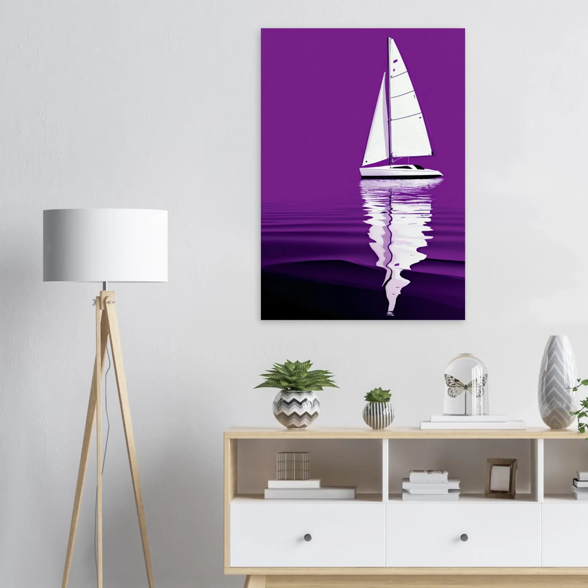 Minimalist sailboat seascape wall art featuring a solitary vessel, reflective water, and an open horizon. Fine art print from the ColorVanta EU Store.