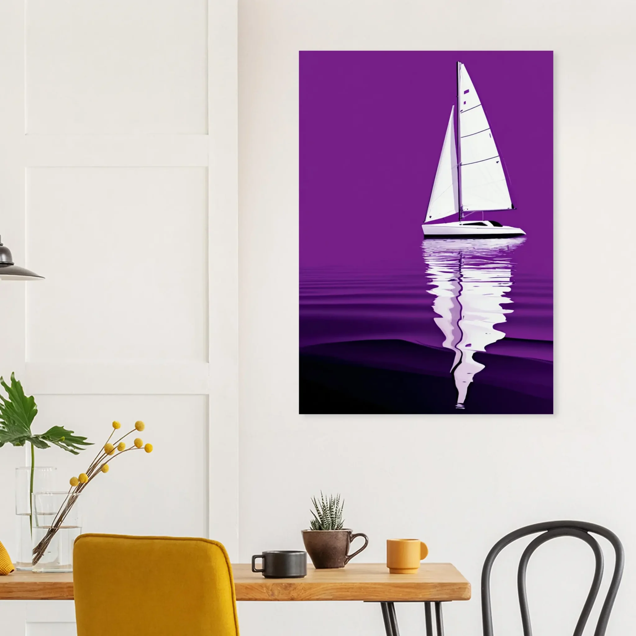 Minimalist sailboat seascape wall art featuring a solitary vessel, reflective water, and an open horizon. Fine art print from the ColorVanta EU Store.