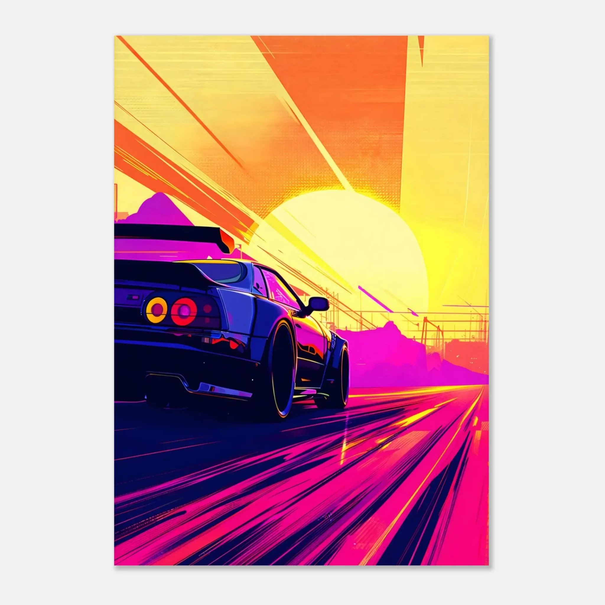 Full Throttle car art poster with a blue sports car on a magenta road beneath a bright yellow sunset — DORVUREL US