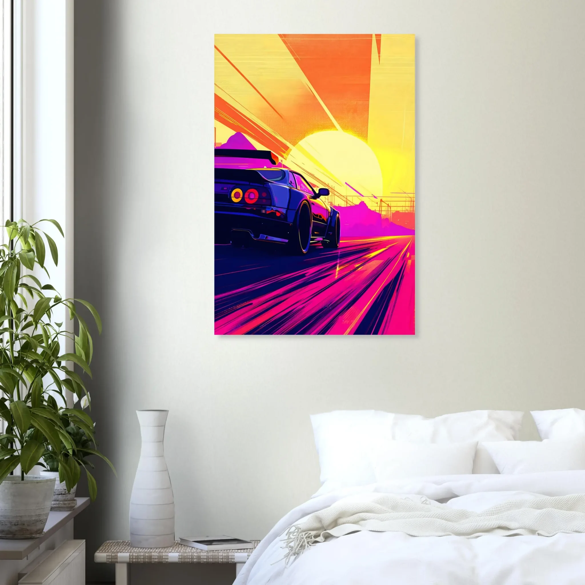 Full Throttle car art poster with a blue sports car on a magenta road beneath a bright yellow sunset — DORVUREL US