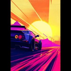 Full Throttle car art poster with a blue sports car on a magenta road beneath a bright yellow sunset — DORVUREL US