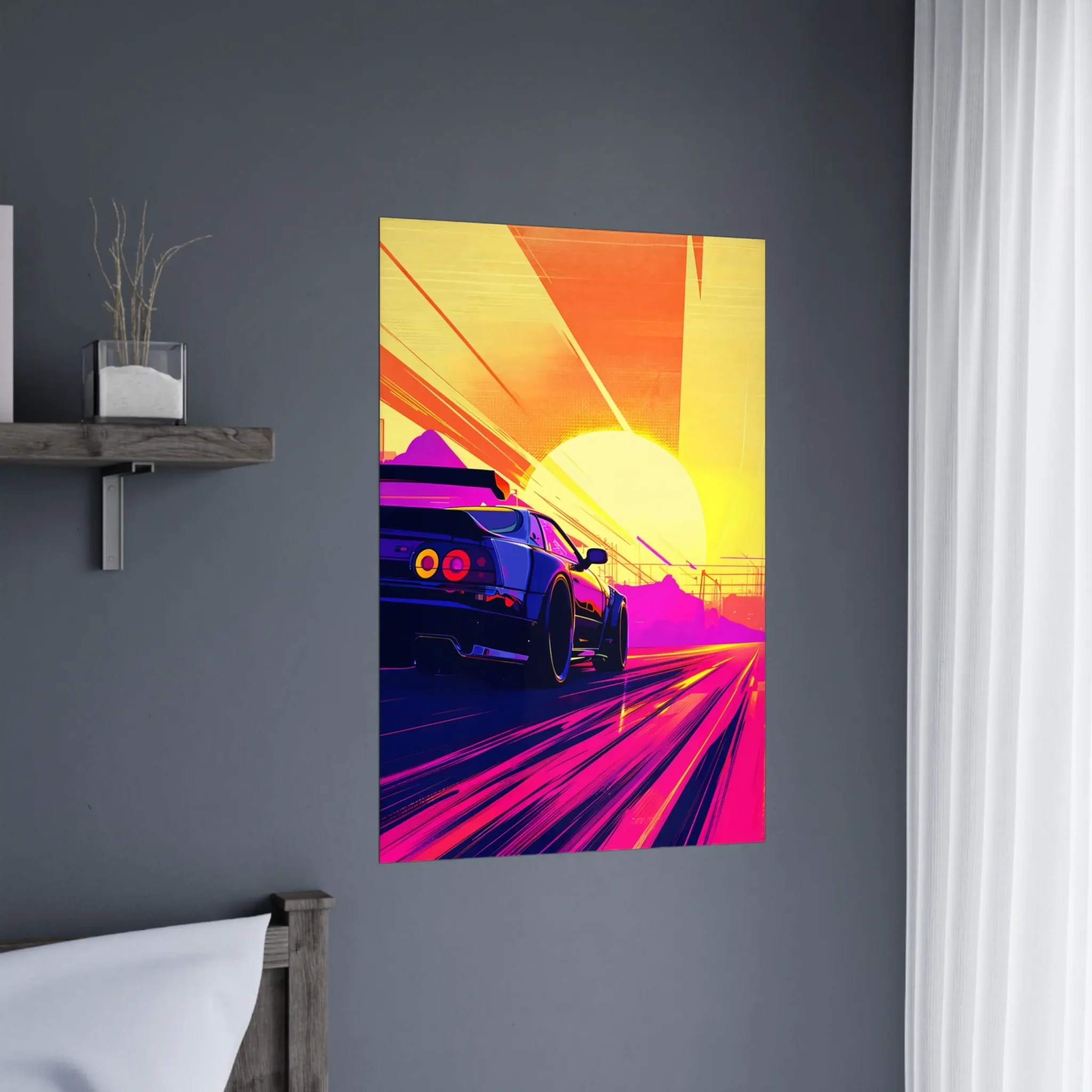 Full Throttle car art poster with a blue sports car on a magenta road beneath a bright yellow sunset — DORVUREL US