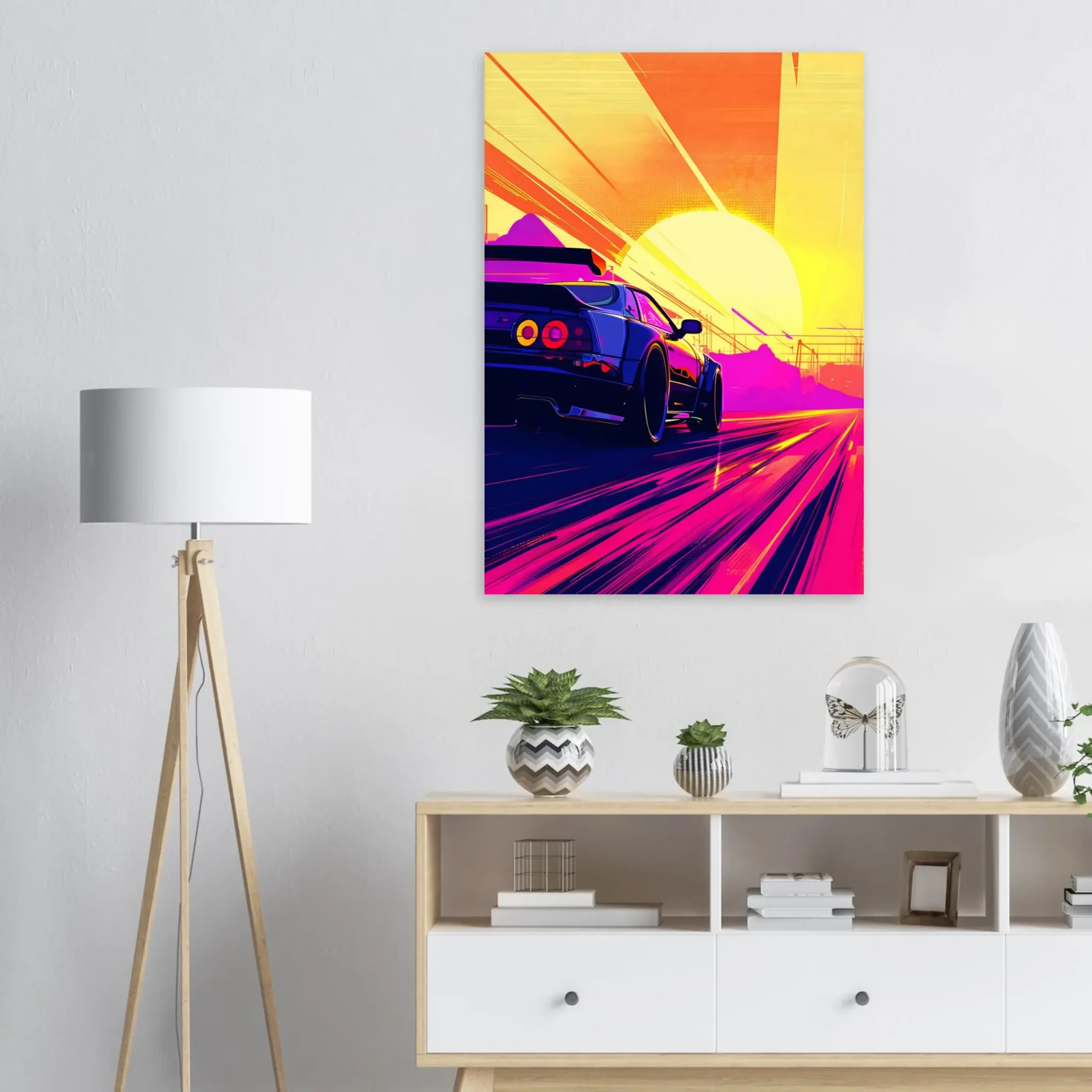Full Throttle car art poster with a blue sports car on a magenta road beneath a bright yellow sunset — DORVUREL US