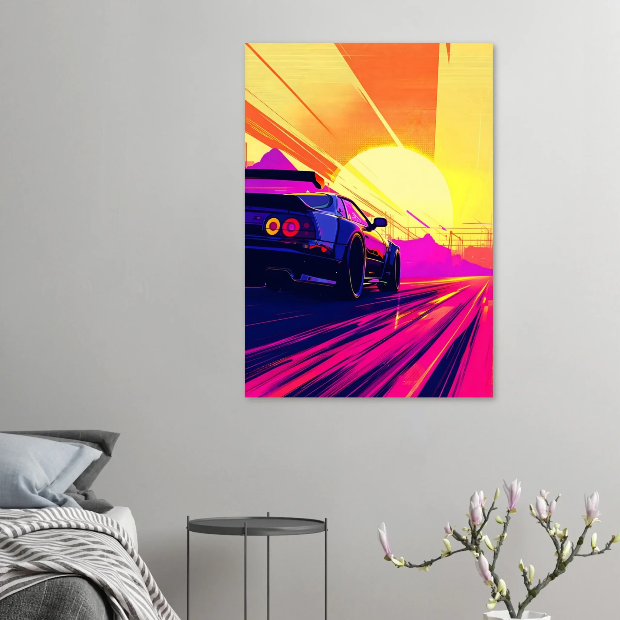 Full Throttle car art poster with a blue sports car on a magenta road beneath a bright yellow sunset — DORVUREL US
