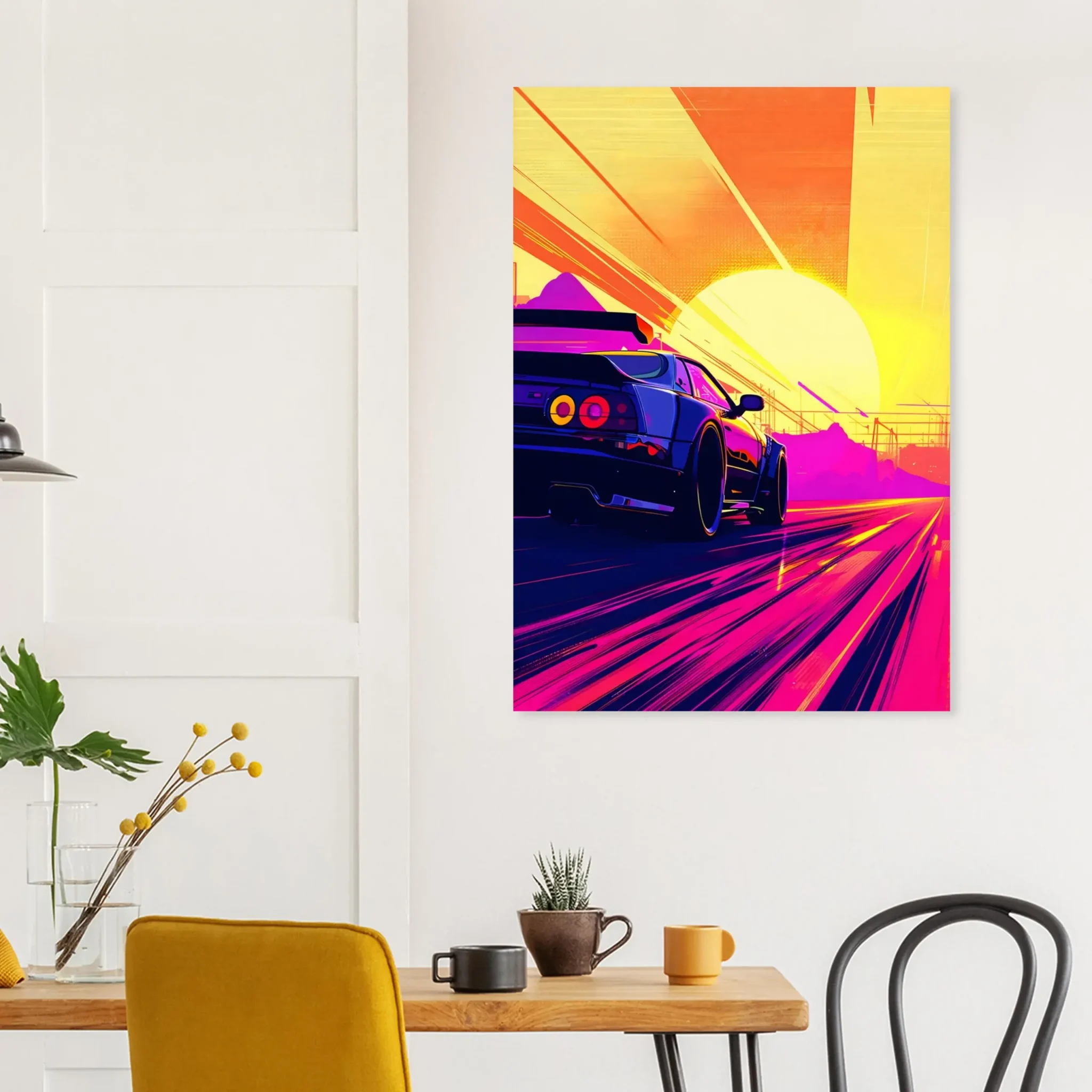 Full Throttle car art poster with a blue sports car on a magenta road beneath a bright yellow sunset — DORVUREL US